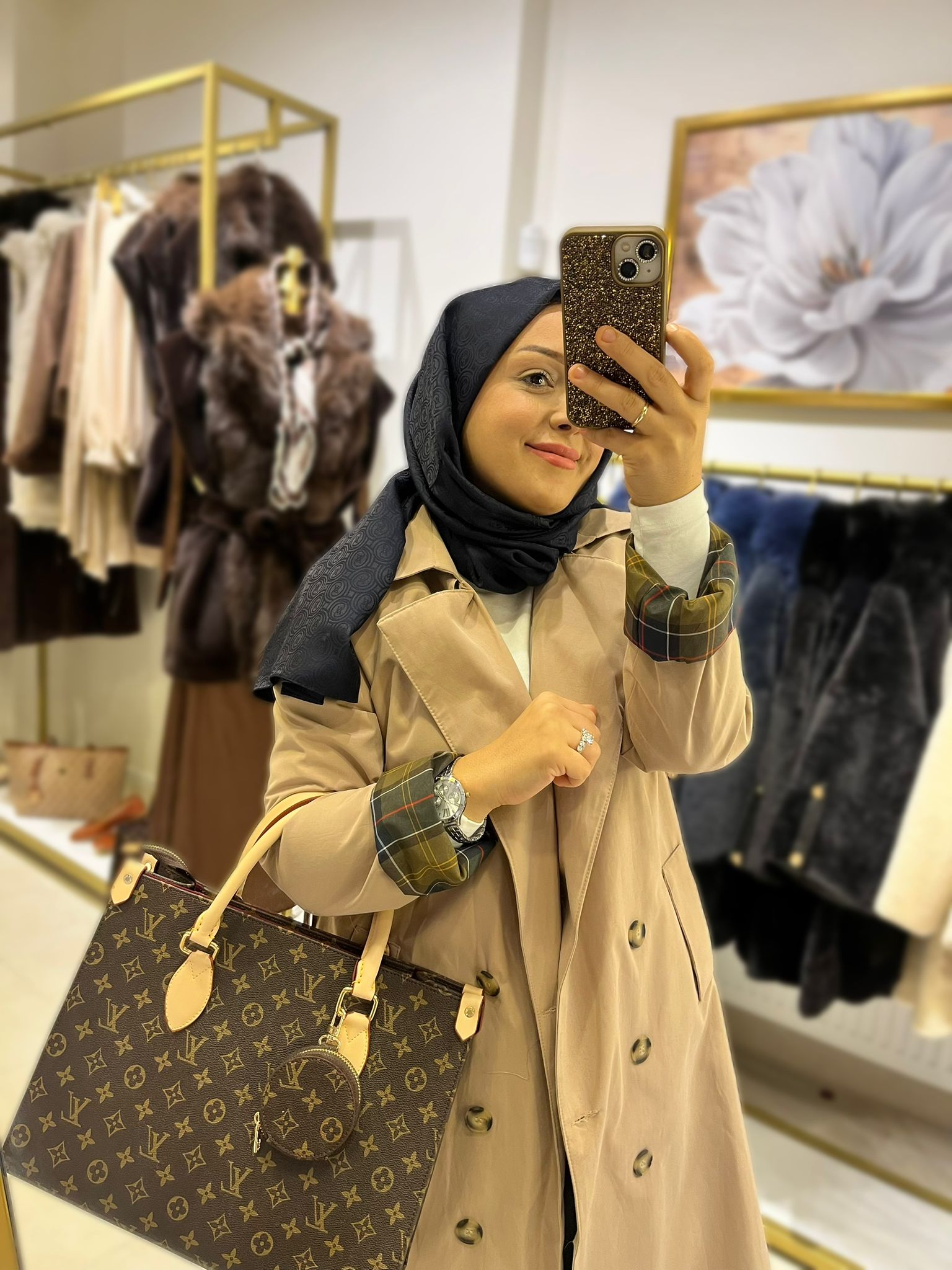 Trençkot Cappuccino Ekose Detaylı