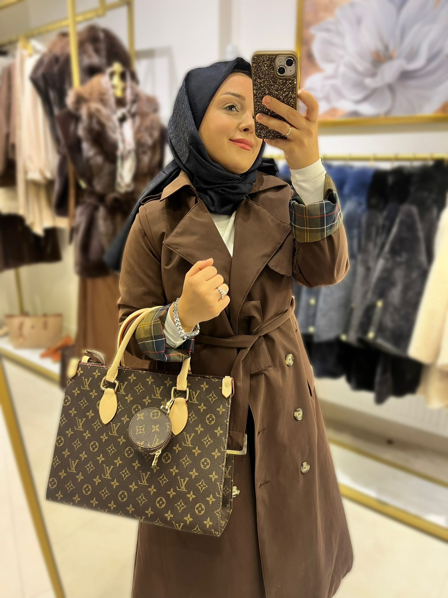 Trençkot Kahve Ekose Detaylı