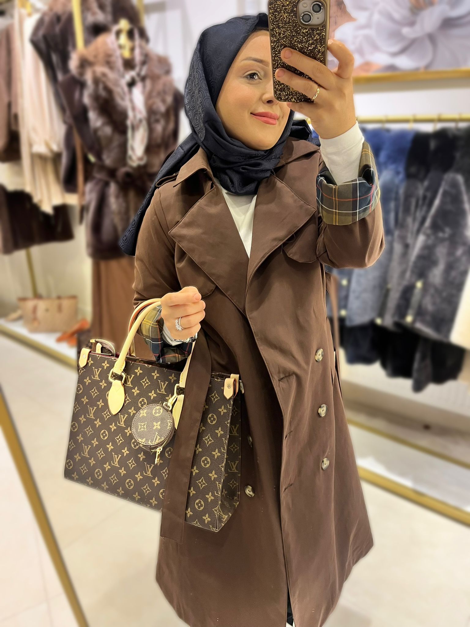 Trençkot Kahve Ekose Detaylı