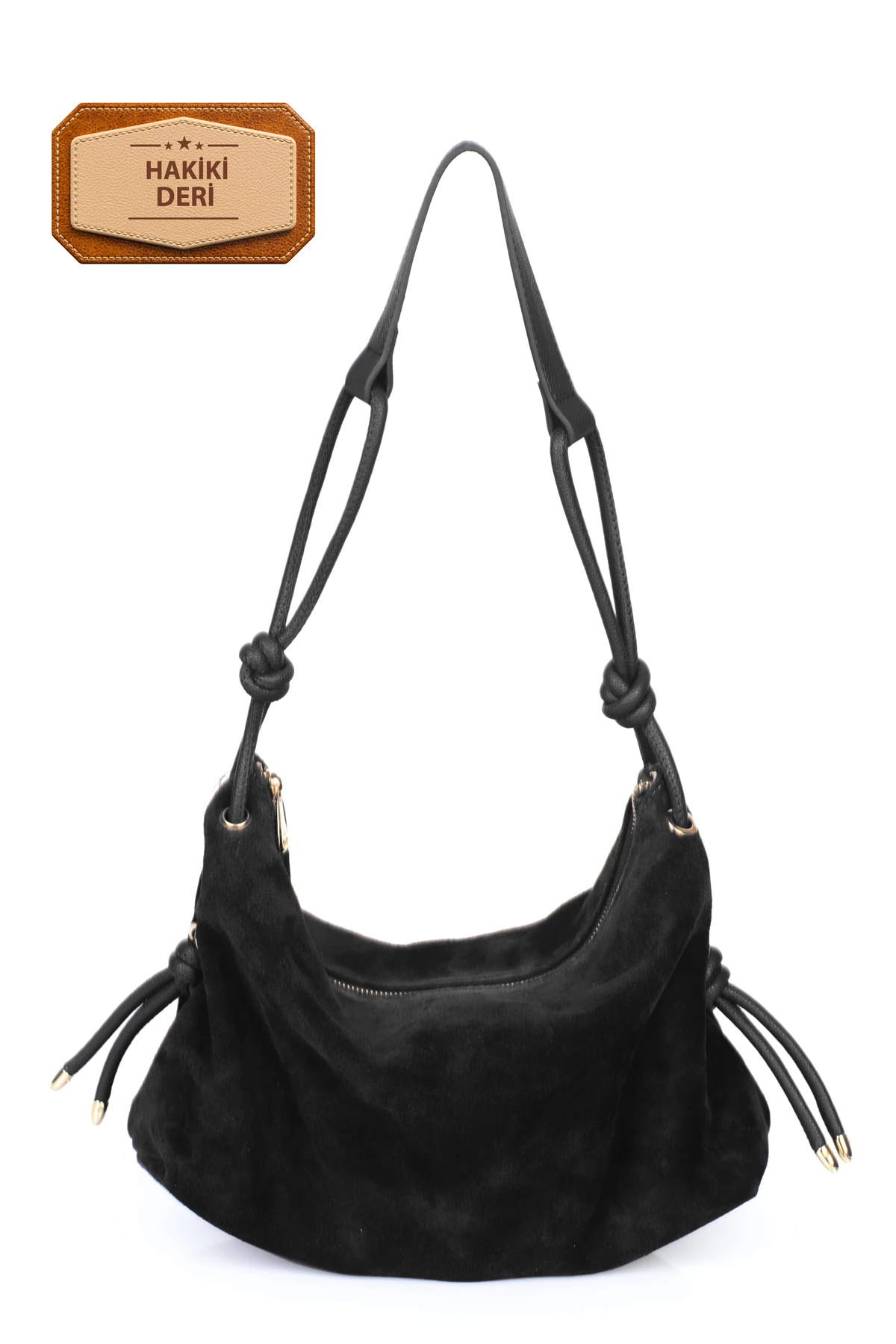 Feyre Hakiki Süet Deri Düğüm Detaylı Omuz Çantası - Siyah Süet