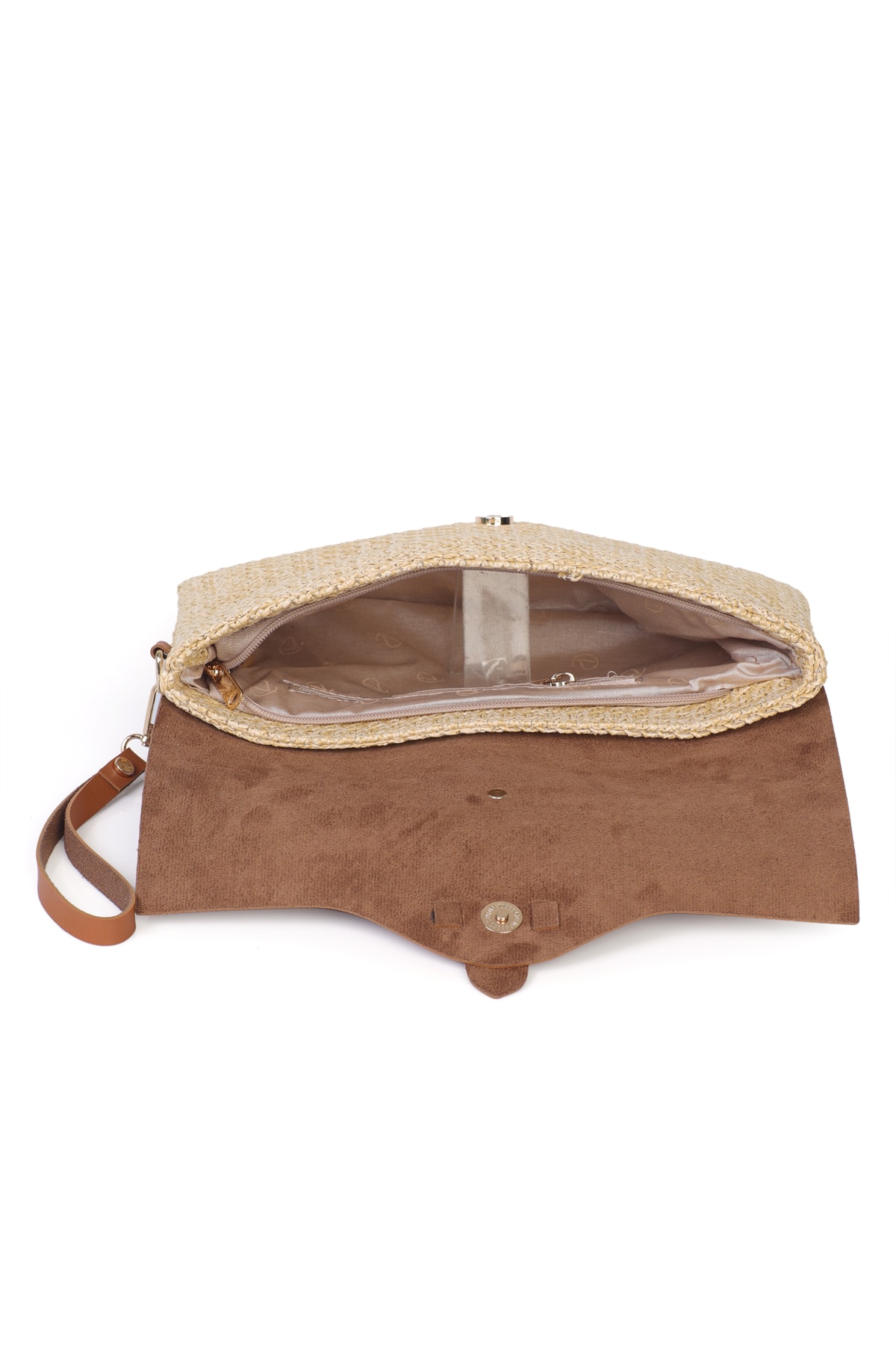 Cloe Mıknatıs Kapaklı Hasır Clutch Çanta - Camel