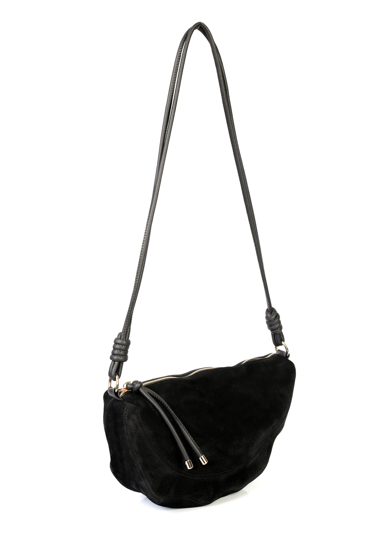 Clara Hakiki Deri Düğümlü Askılı Omuz Çantası - Siyah Süet