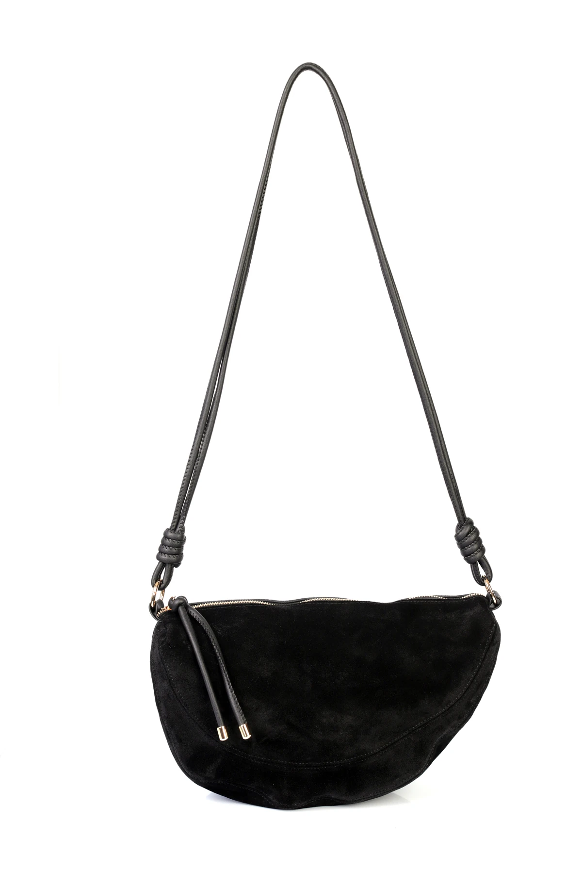 Clara Hakiki Deri Düğümlü Askılı Omuz Çantası - Siyah Süet