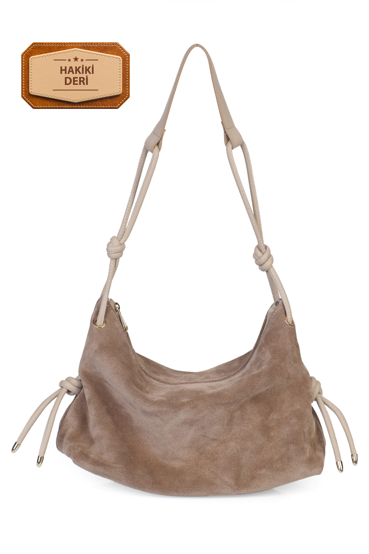 Feyre Hakiki Süet Deri Düğüm Detaylı Omuz Çantası - Vizon Süet