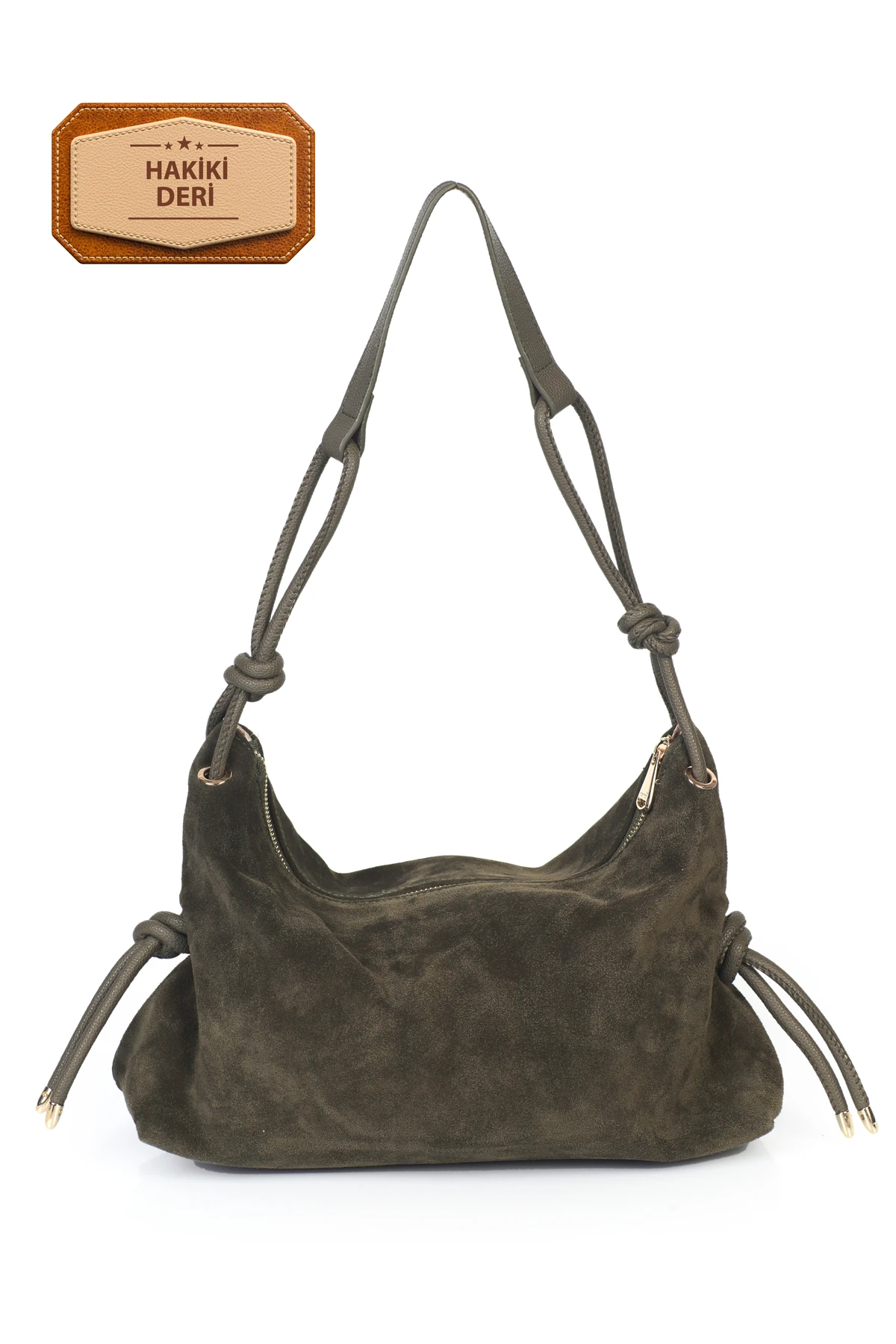 Feyre Hakiki Süet Deri Düğüm Detaylı Omuz Çantası - Haki Süet