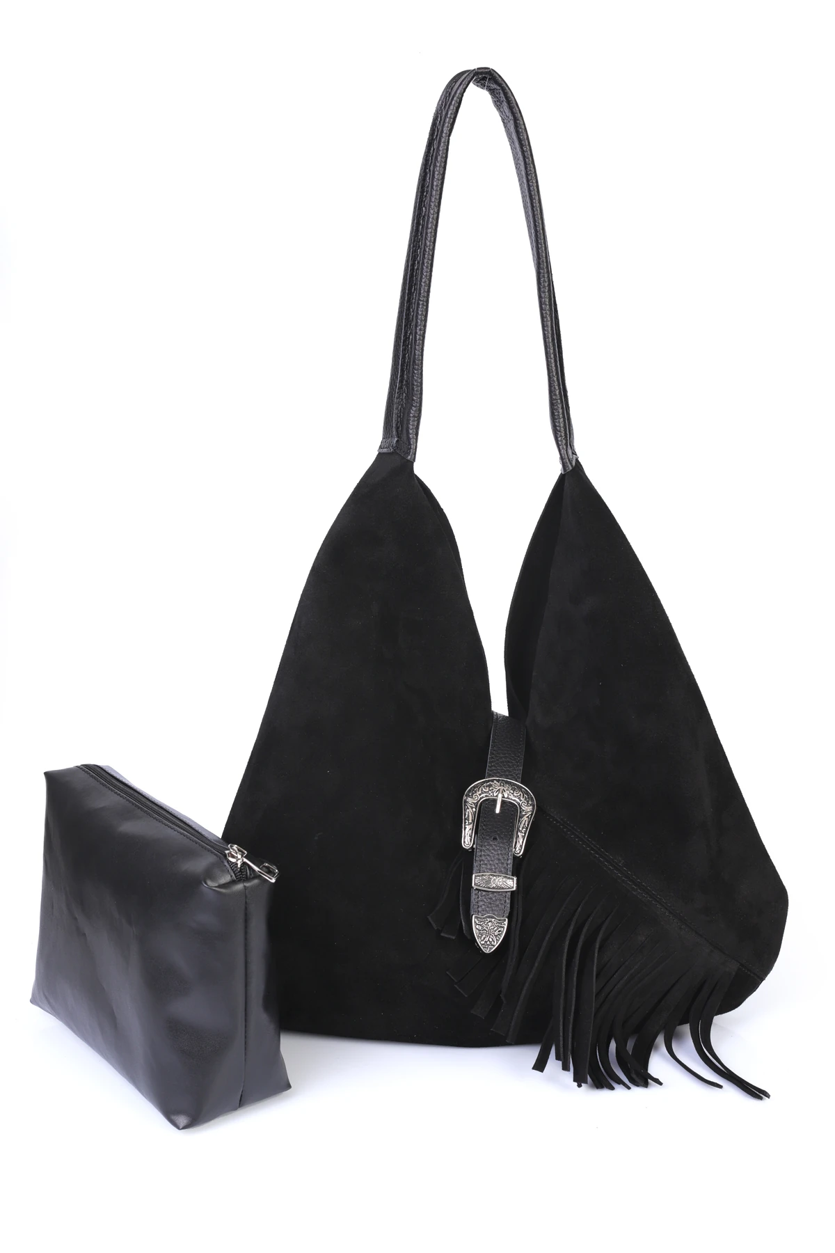 Odette Hakiki Deri Kovboy Tokalı Omuz Çantası - Siyah