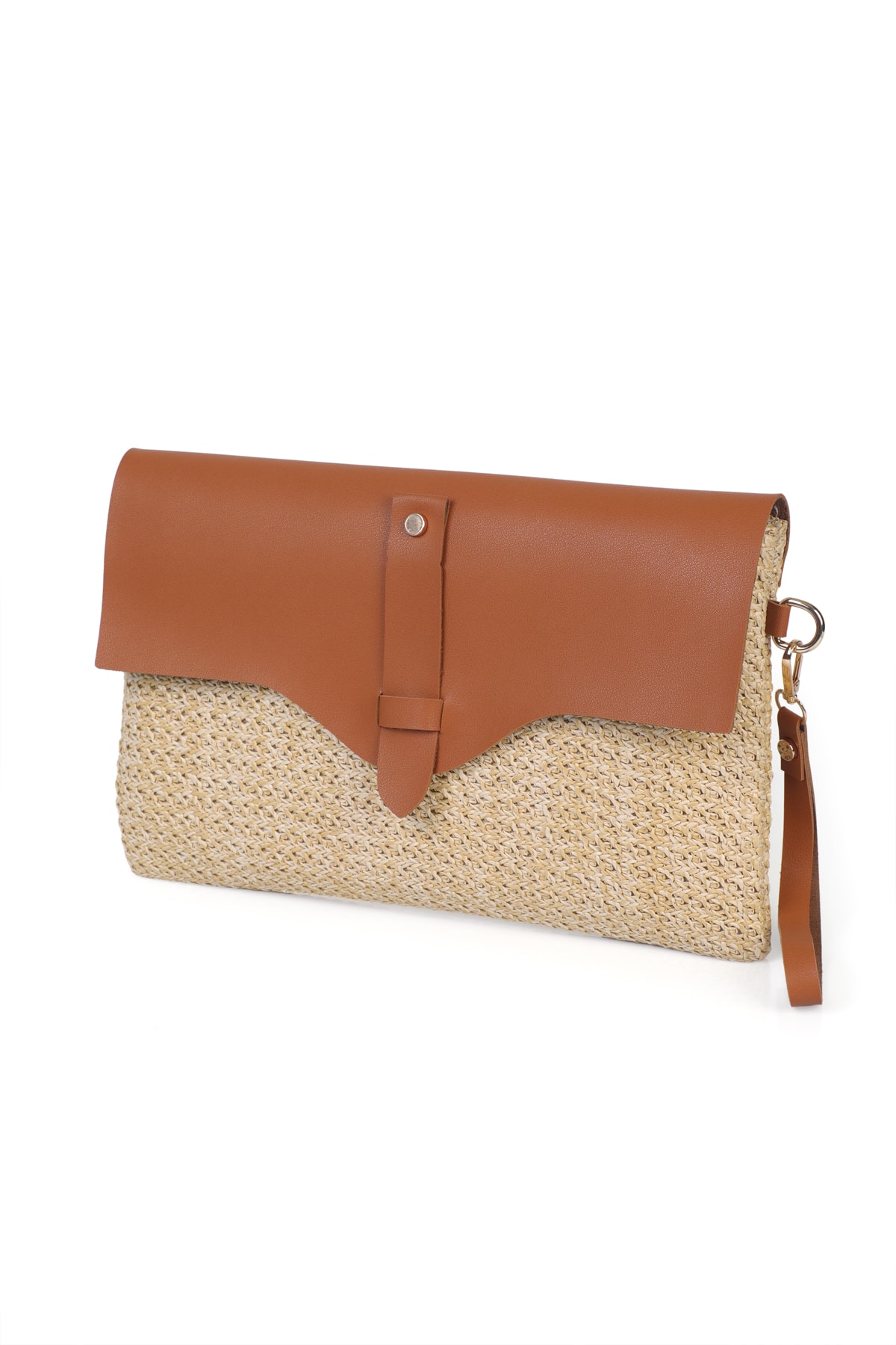 Cloe Mıknatıs Kapaklı Hasır Clutch Çanta - Camel