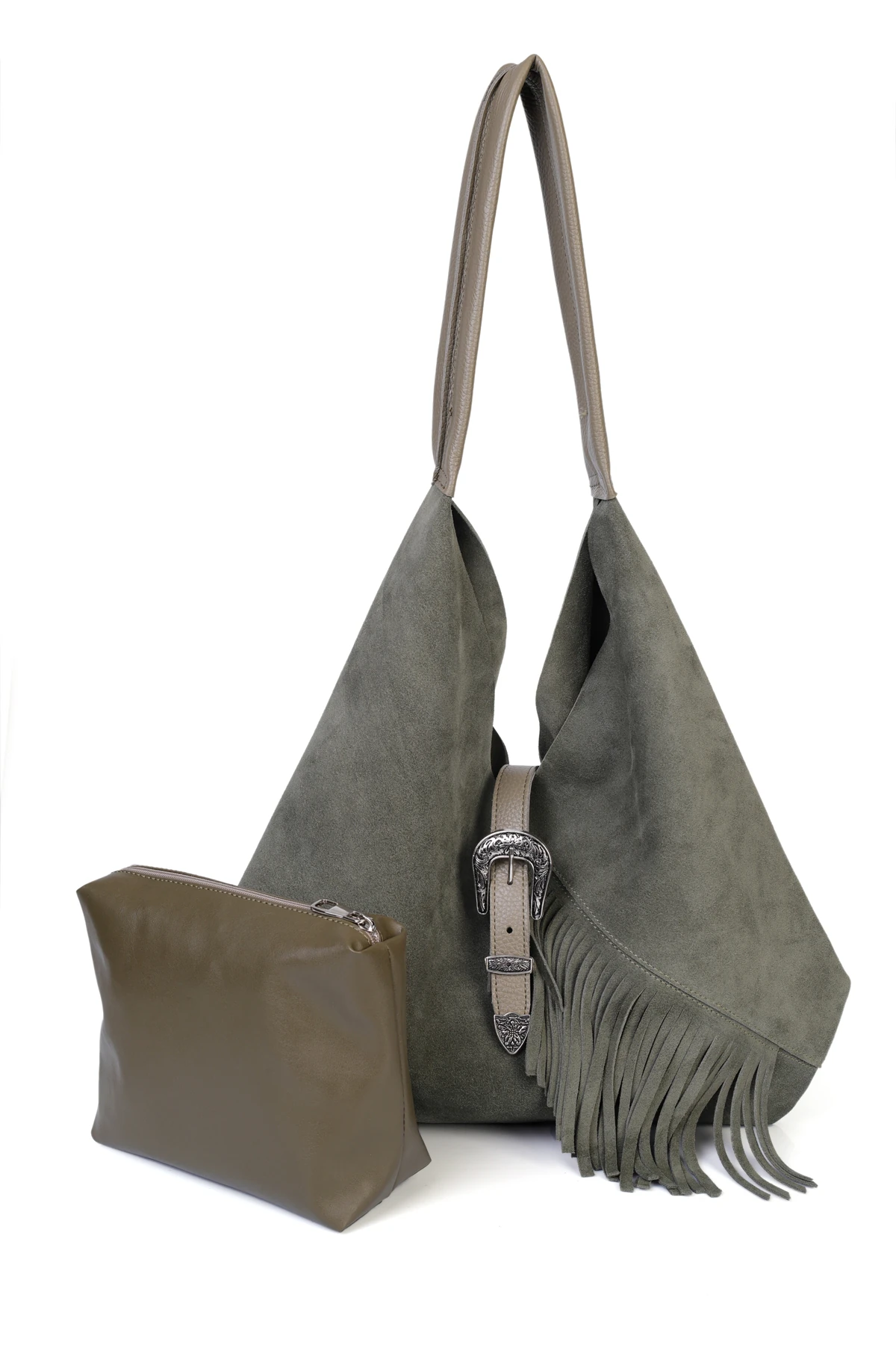 Odette Hakiki Deri Kovboy Tokalı Omuz Çantası - Haki