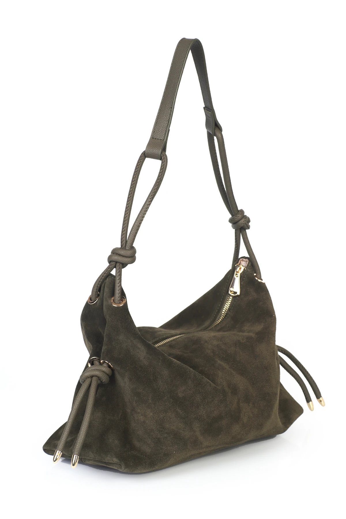 Feyre Hakiki Süet Deri Düğüm Detaylı Omuz Çantası - Haki Süet