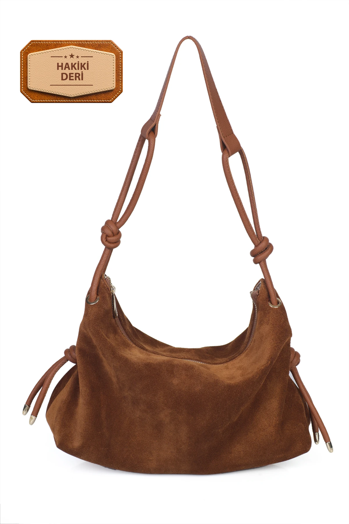 Feyre Hakiki Süet Deri Düğüm Detaylı Omuz Çantası - Taba Süet