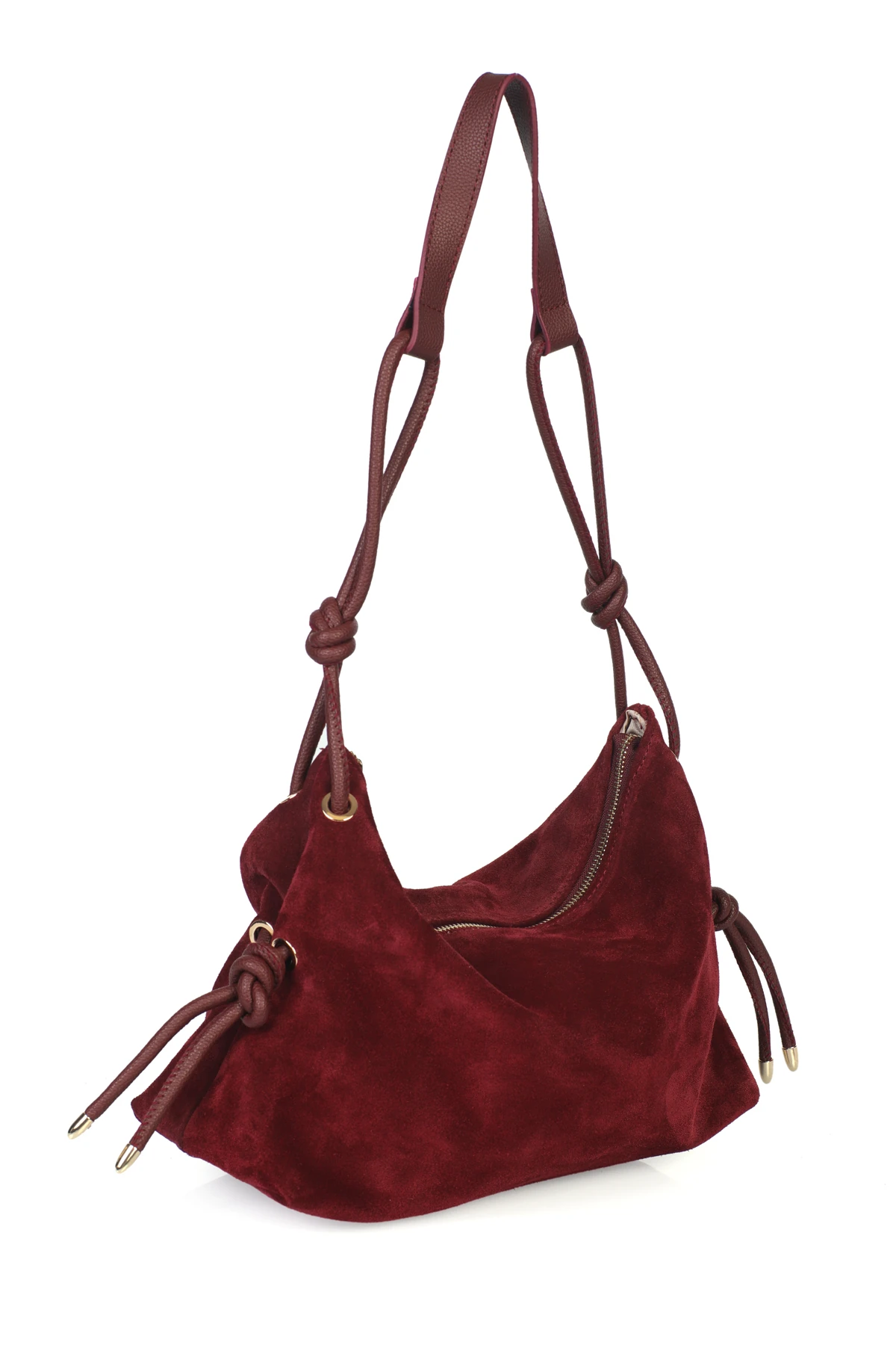 Feyre Hakiki Süet Deri Düğüm Detaylı Omuz Çantası - Bordo Süet