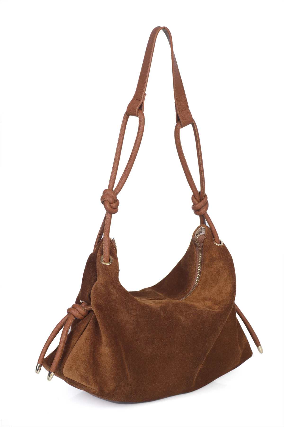 Feyre Hakiki Süet Deri Düğüm Detaylı Omuz Çantası - Taba Süet