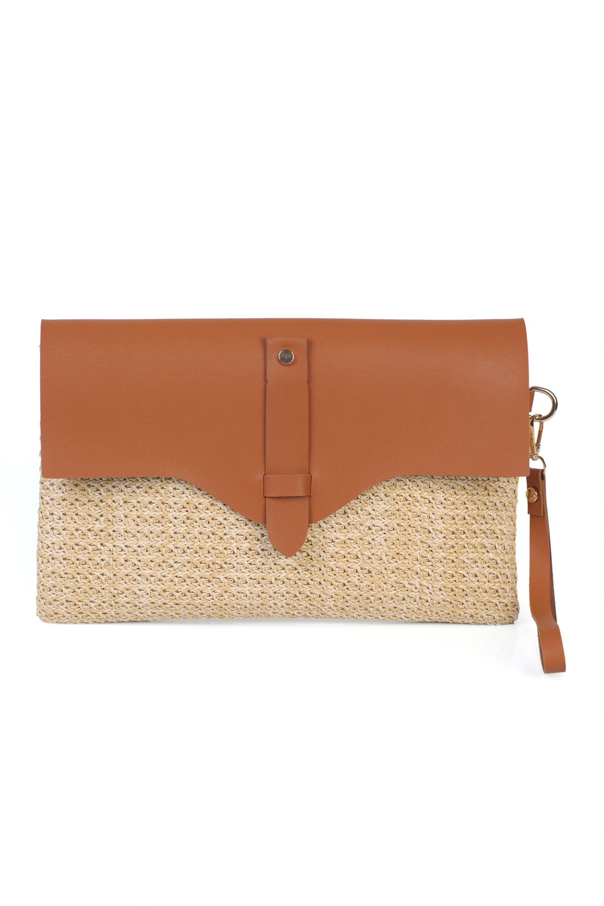 Cloe Mıknatıs Kapaklı Hasır Clutch Çanta - Camel