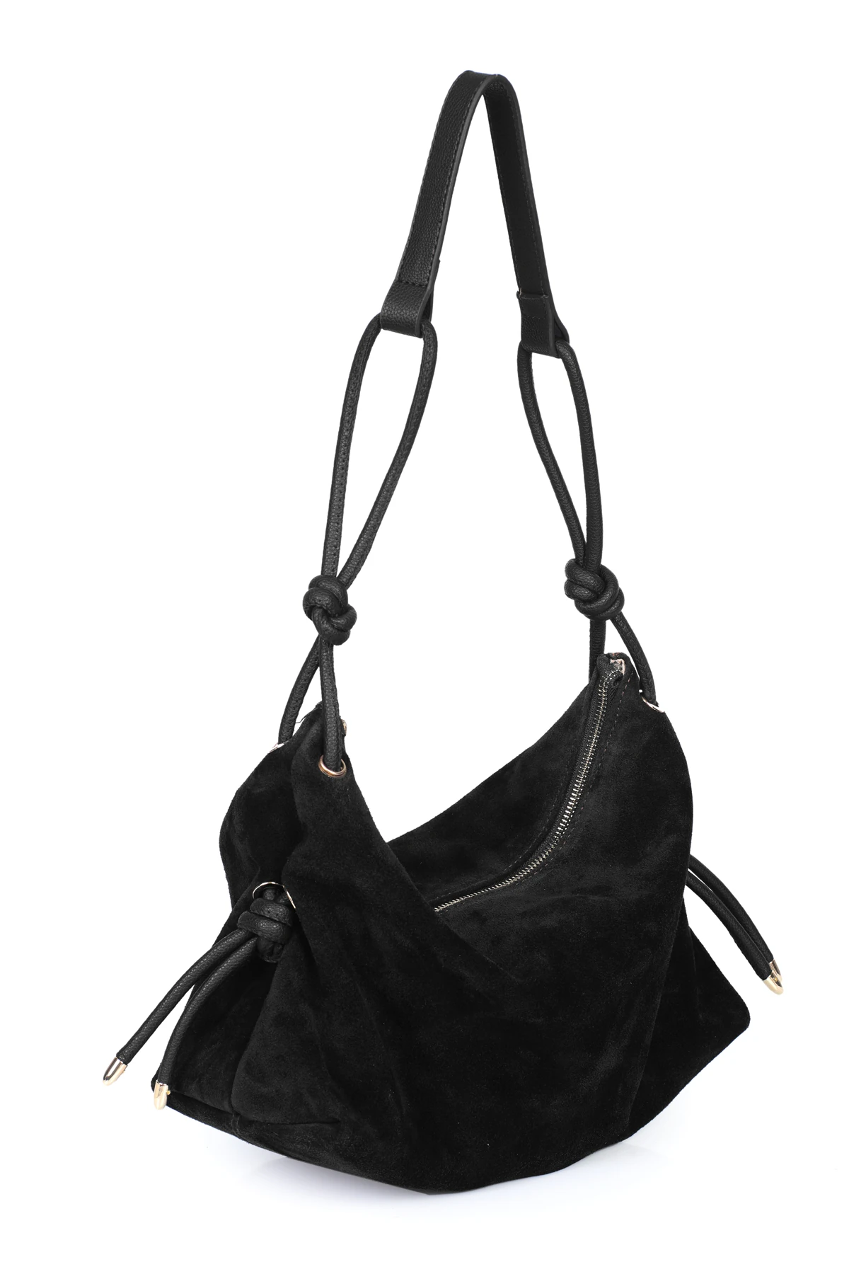 Feyre Hakiki Süet Deri Düğüm Detaylı Omuz Çantası - Siyah Süet