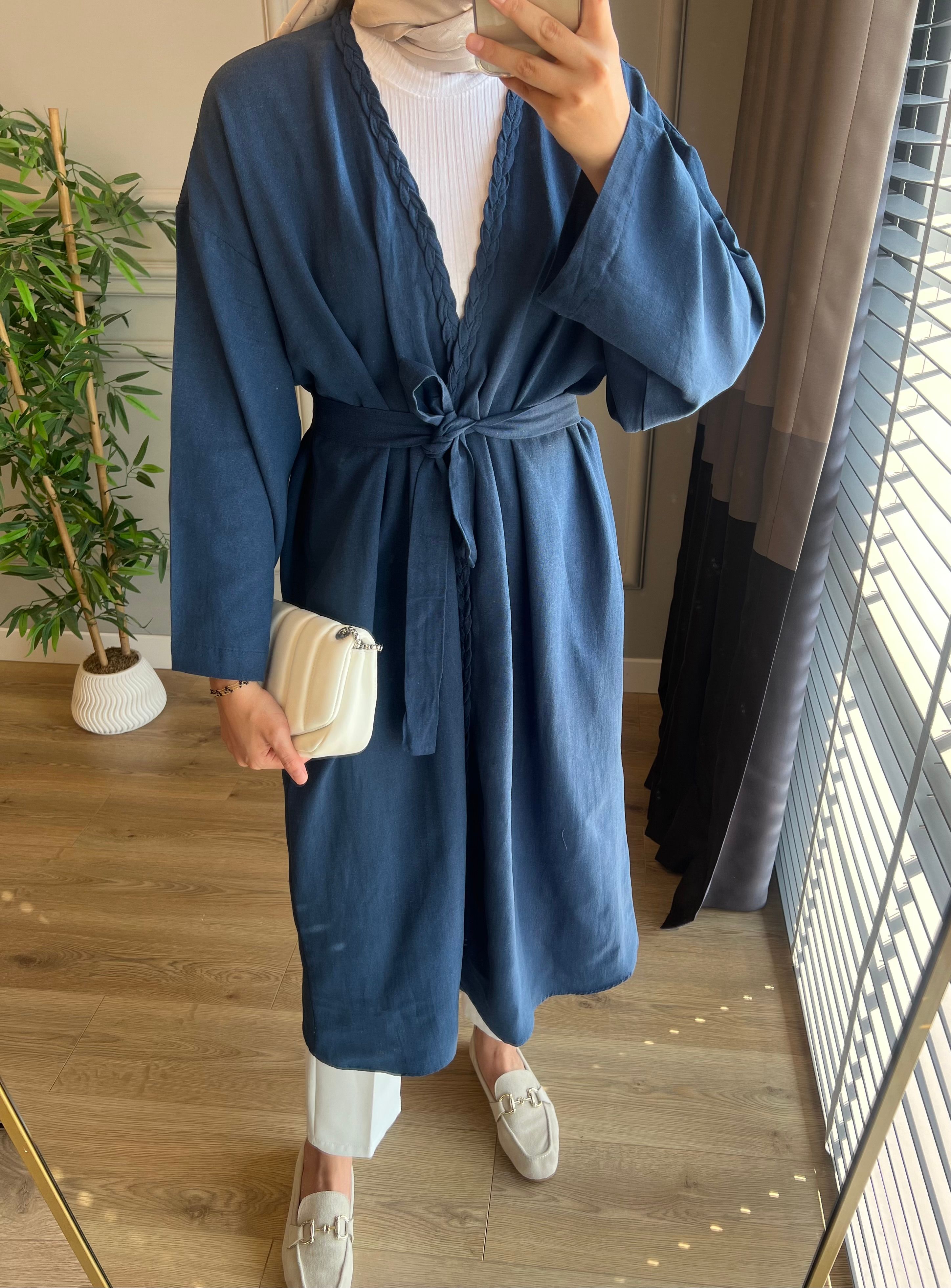 Kuşaklı Keten Kimono Lacivert 