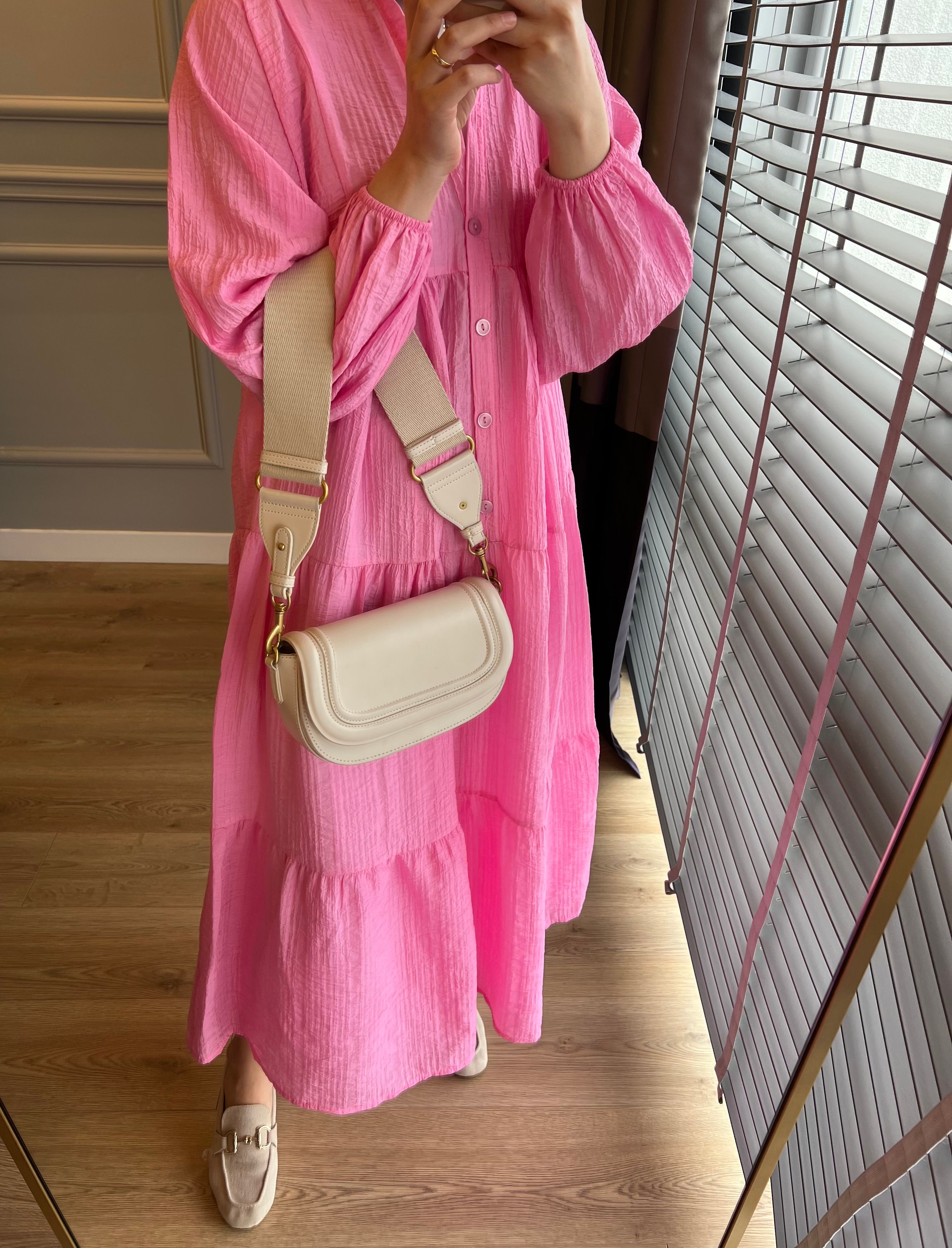 Keten Valonlu Elbise Pembe
