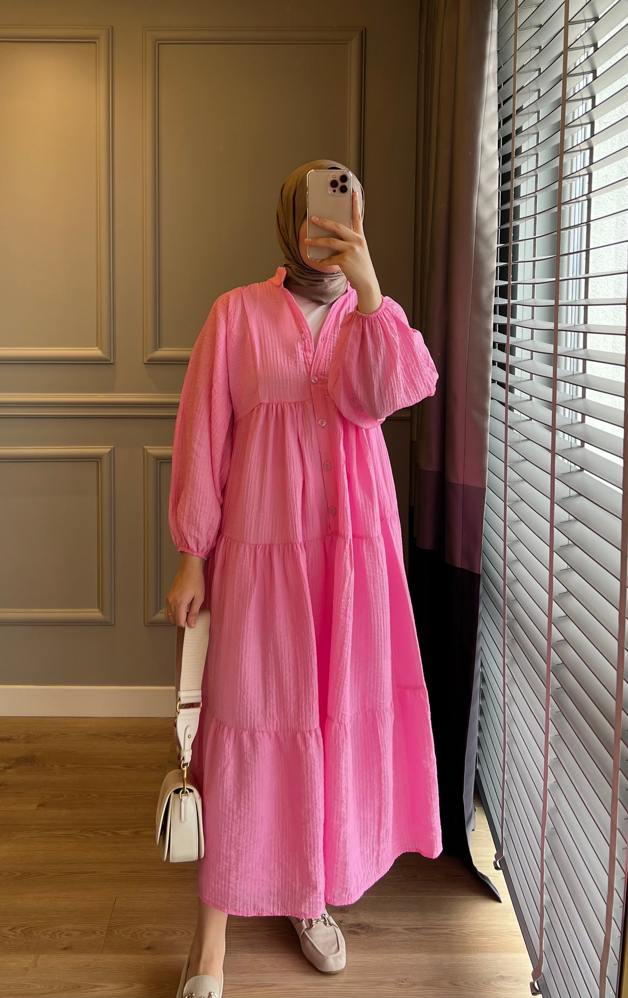 Keten Valonlu Elbise Pembe