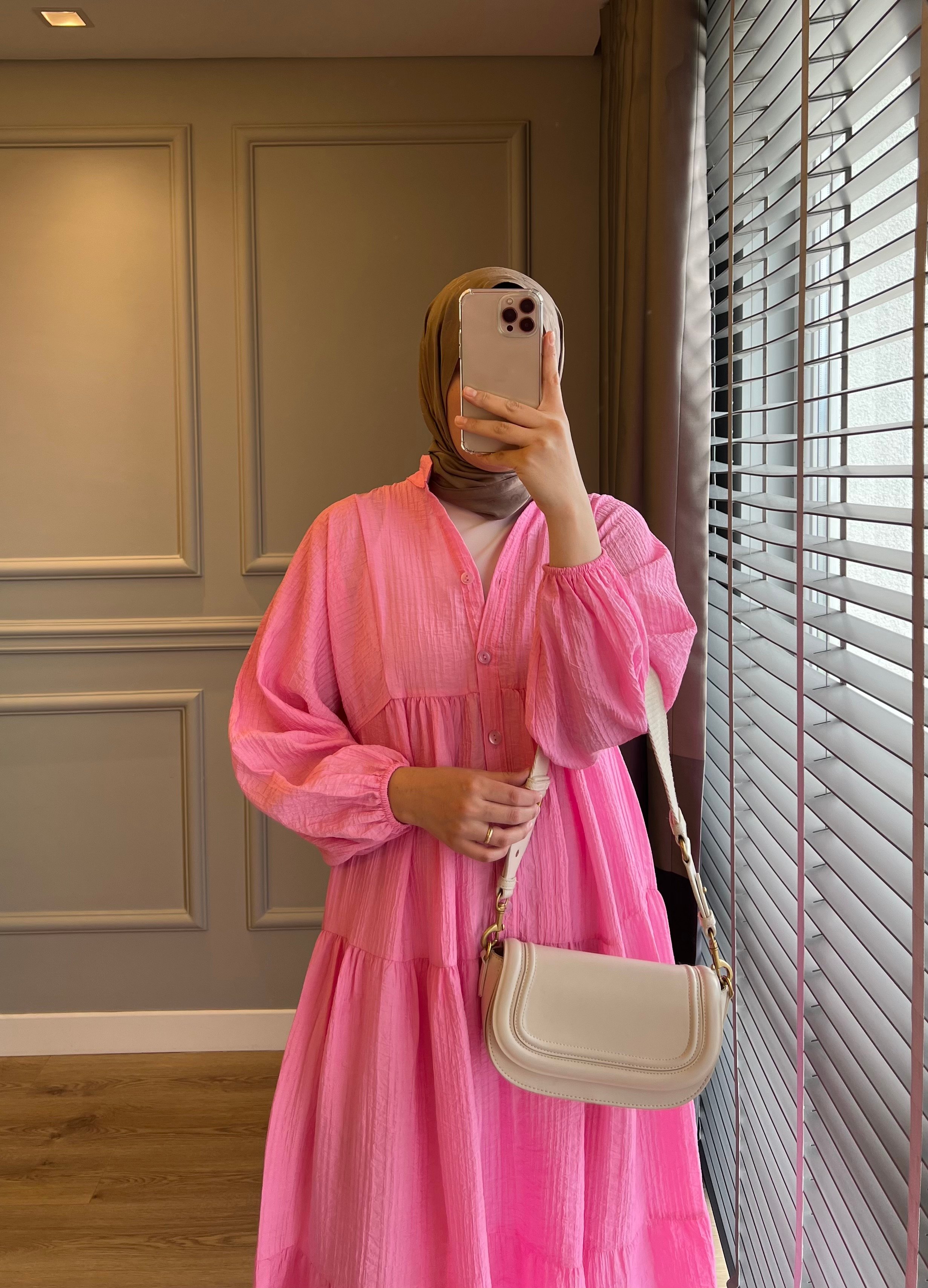 Keten Valonlu Elbise Pembe