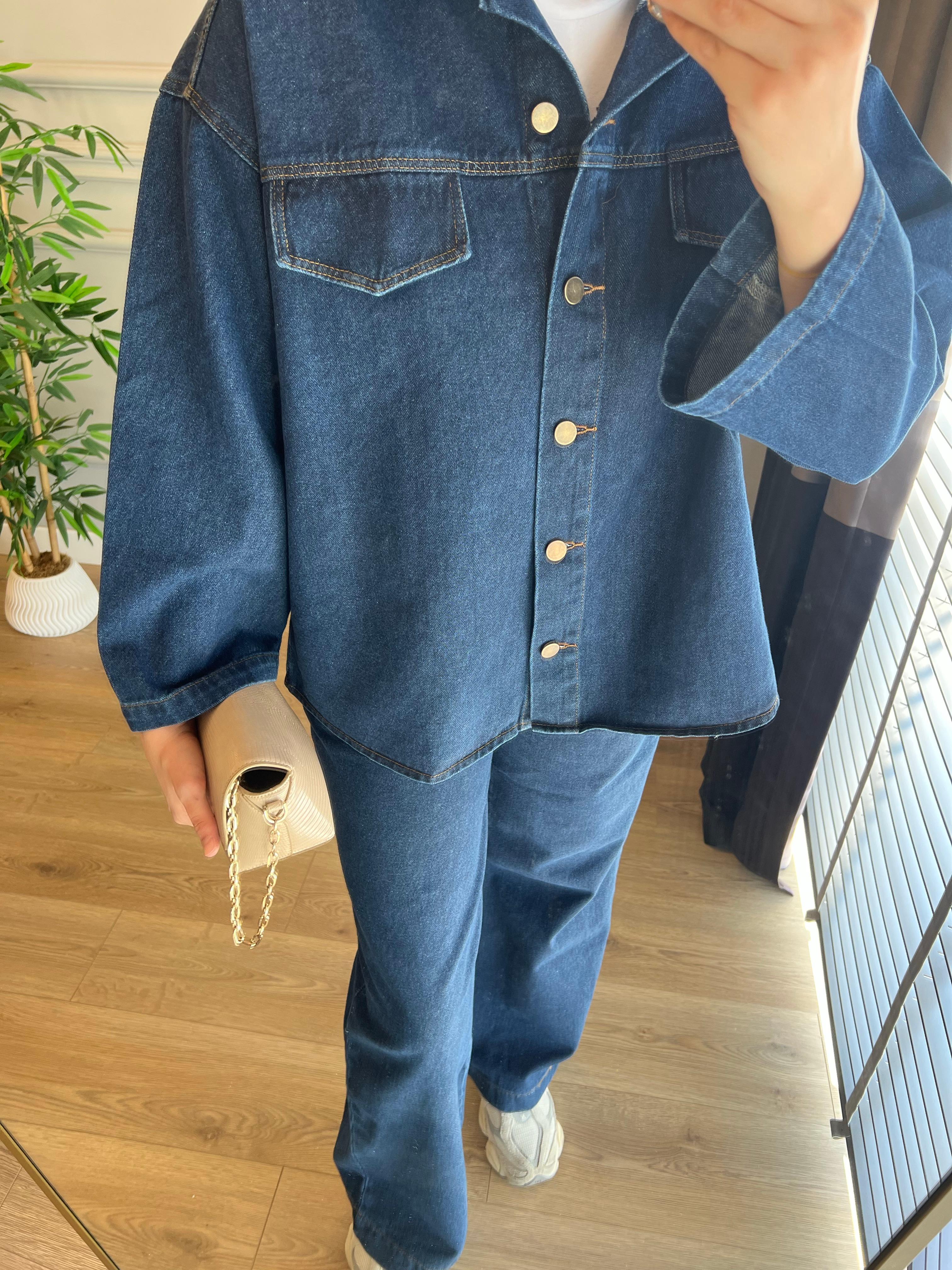 Cep Detaylı Denim Takım Lacivert
