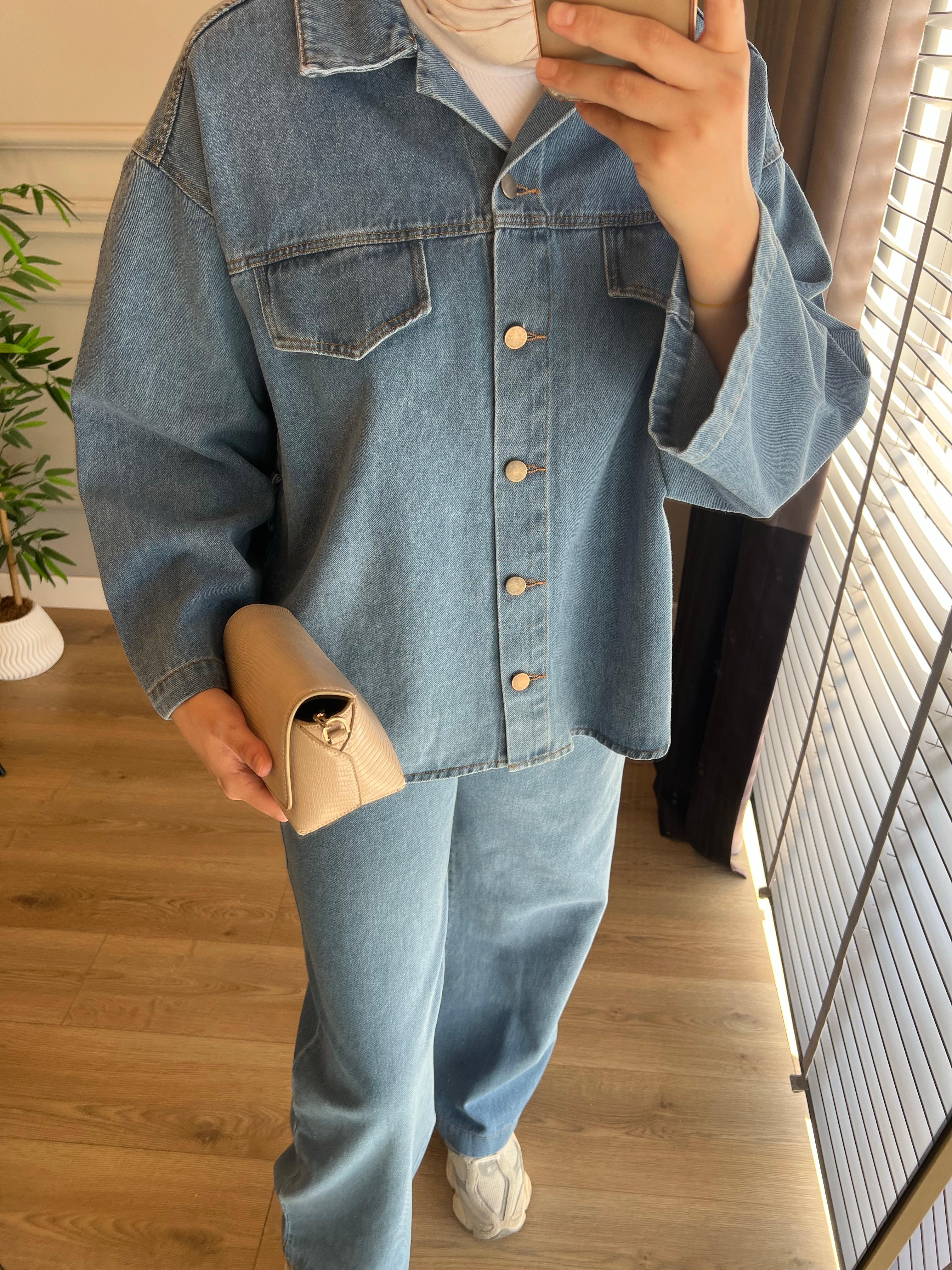 Cep Detaylı Denim Takım Mavi