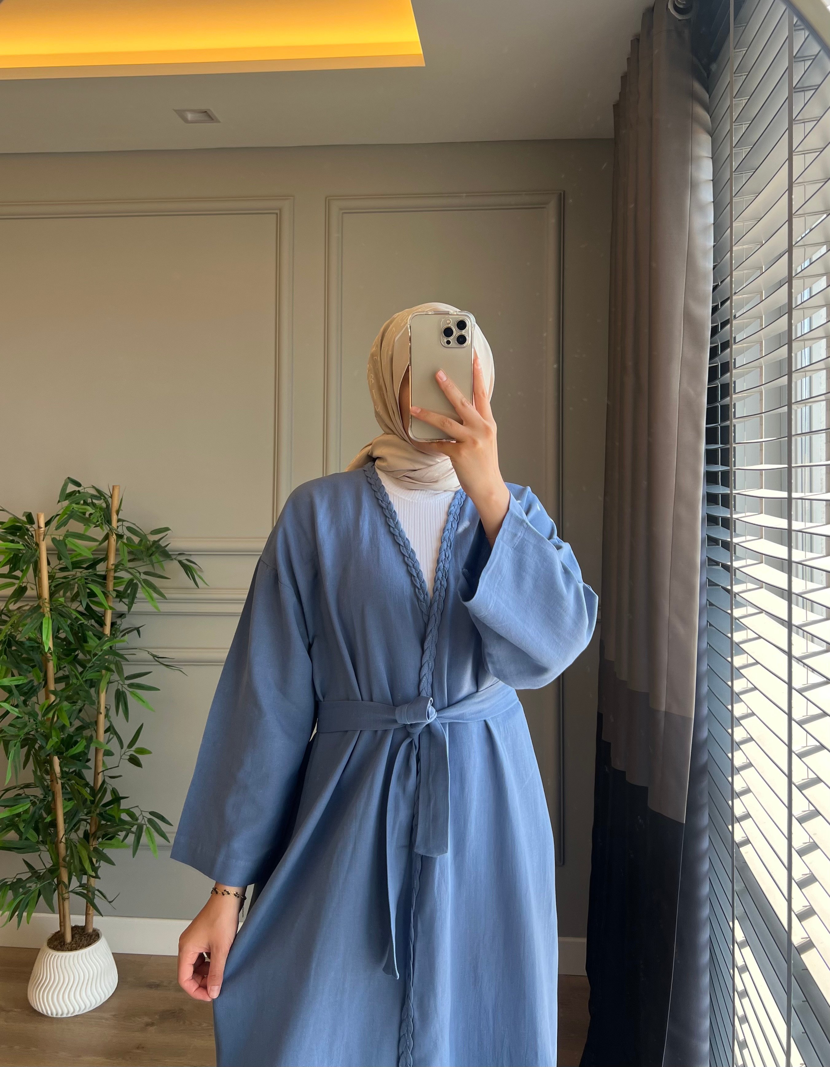 Kuşaklı Keten Kimono Mavi 