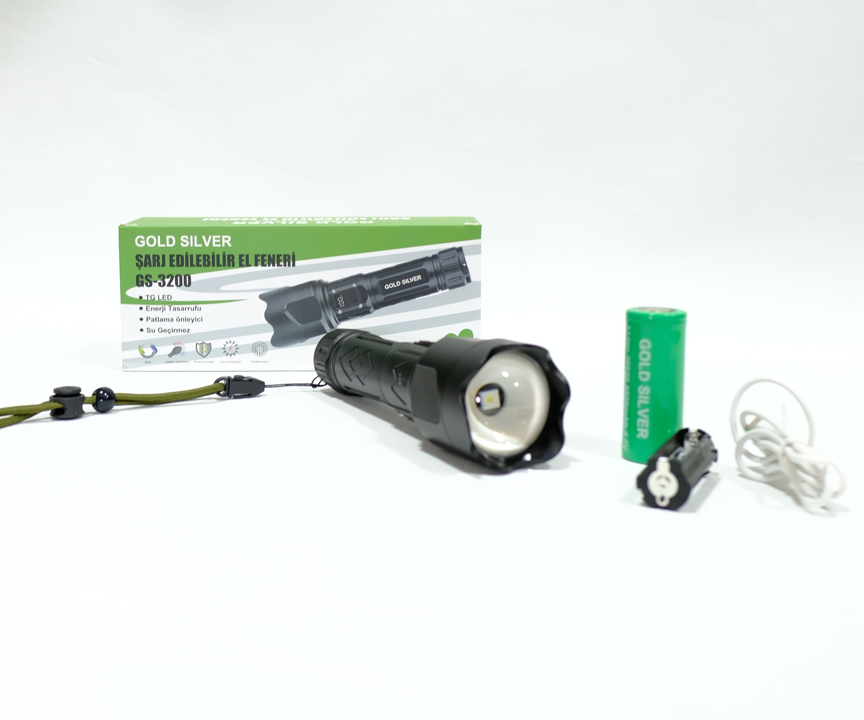 Gold Silver GS‑3200 Şarjlı LED El Feneri – USB Şarjlı, Zum Özelliği, Metal Gövde