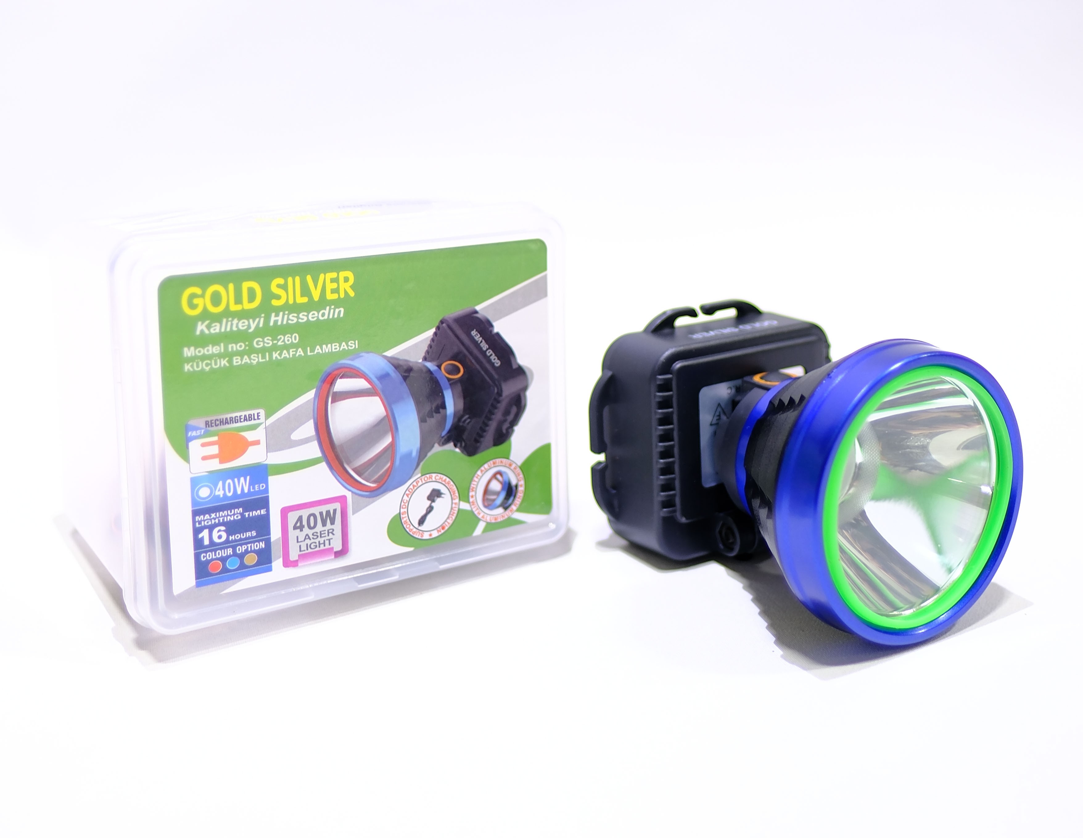 Gold Silver GS‑260 40 W Şarjlı LED Kafa Lambası – 200 m Menzil, SOS Modlu