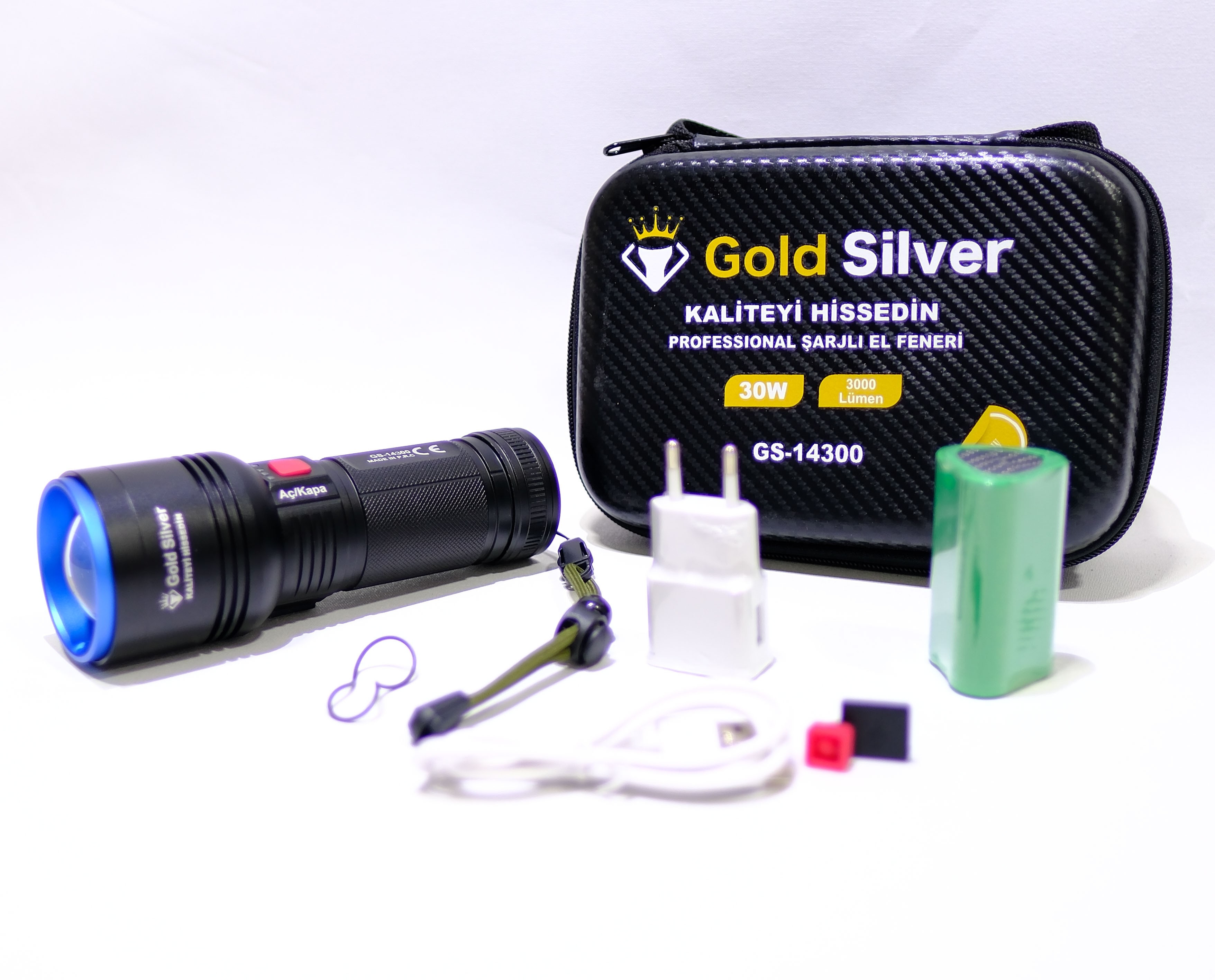Gold Silver GS‑14300 30 W Şarjlı LED Avcı Feneri – 3000 Lümen, 8000 mAh