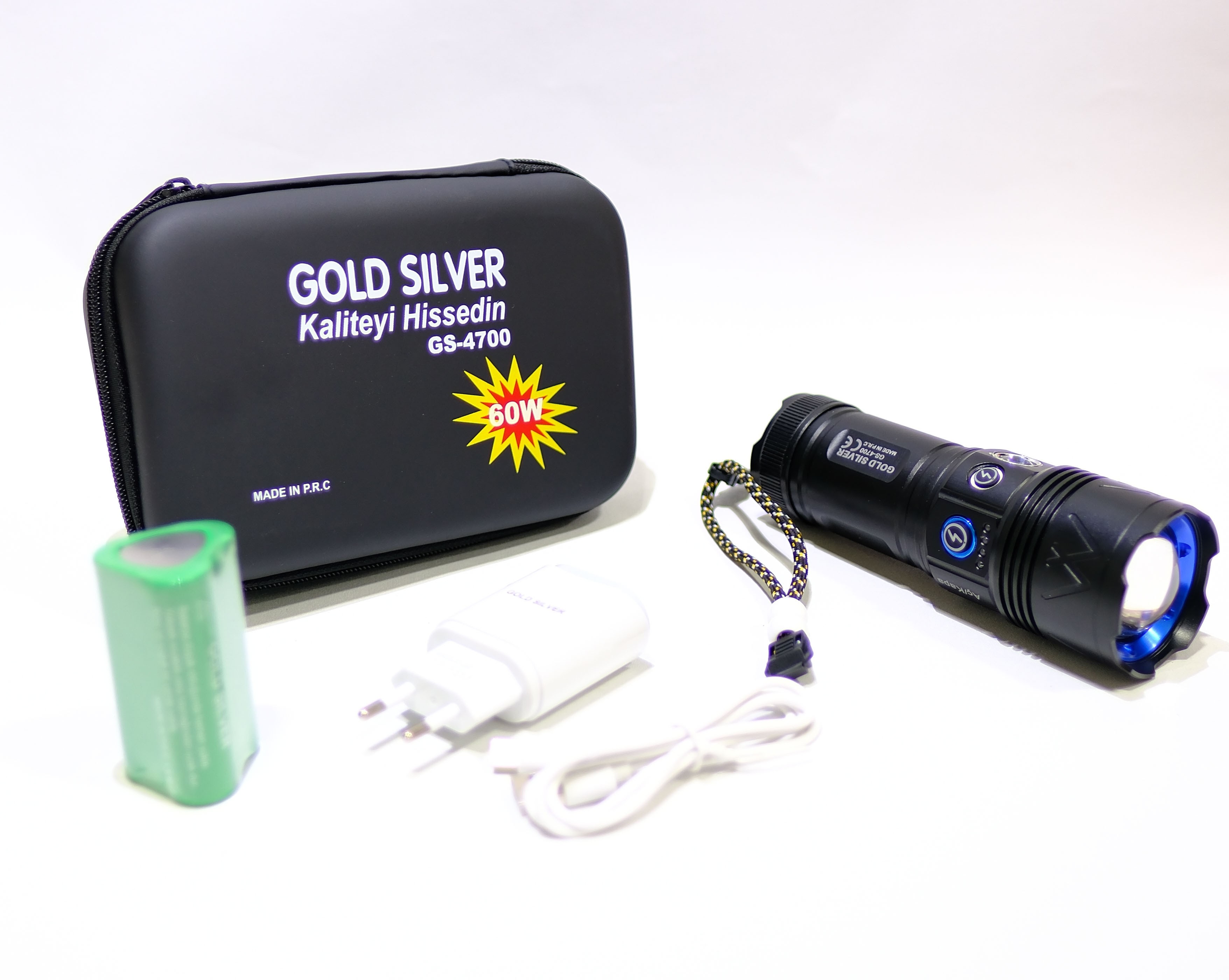 Gold Silver GS-4700 60W Zoomlu Metal Şarjlı El Feneri – Güçlü LED Işık, Uzun Menzil
