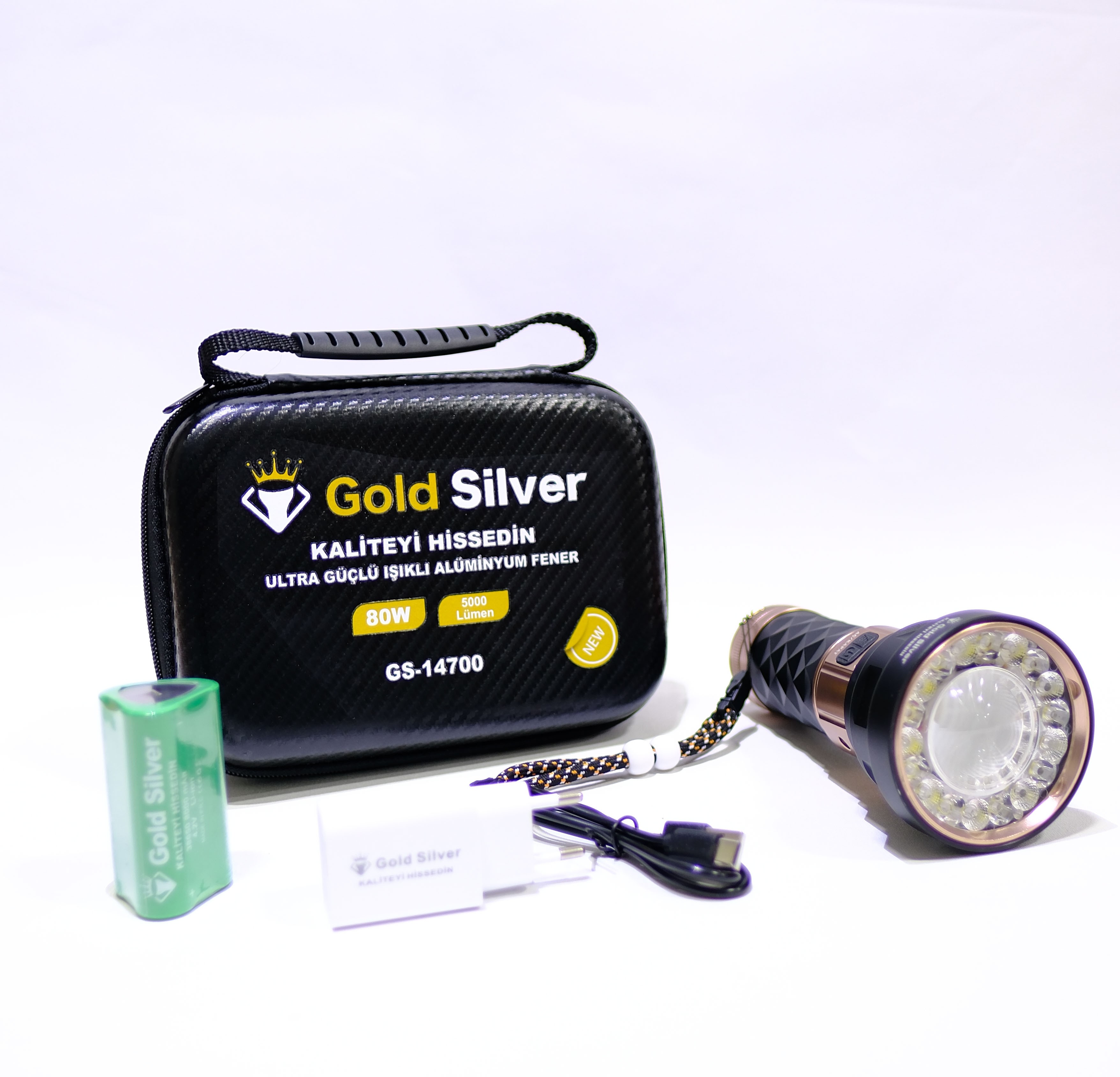 Gold Silver GS-14700 80 W Şarjlı Avcı Feneri – 5000 Lümen, Alüminyum Gövde