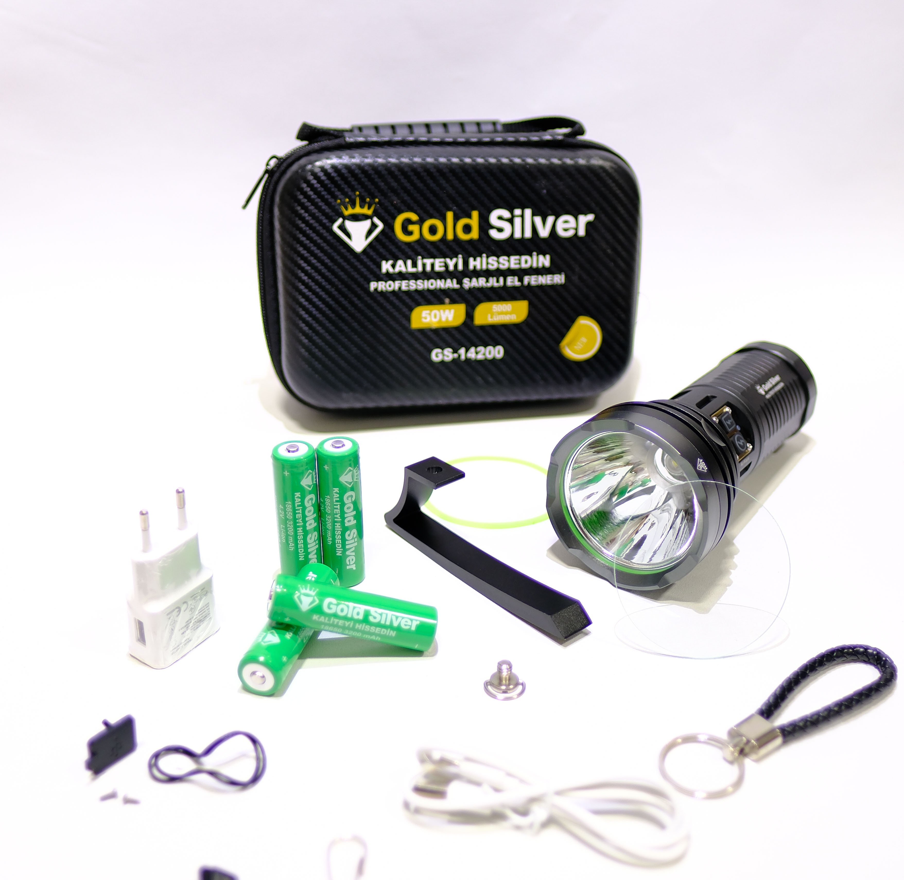 Kontrol!!!Gold Silver GS-14200 Şarjlı El Feneri – 100W Süper Parlak LED, Zoom Özellikli, Metal Gövde
