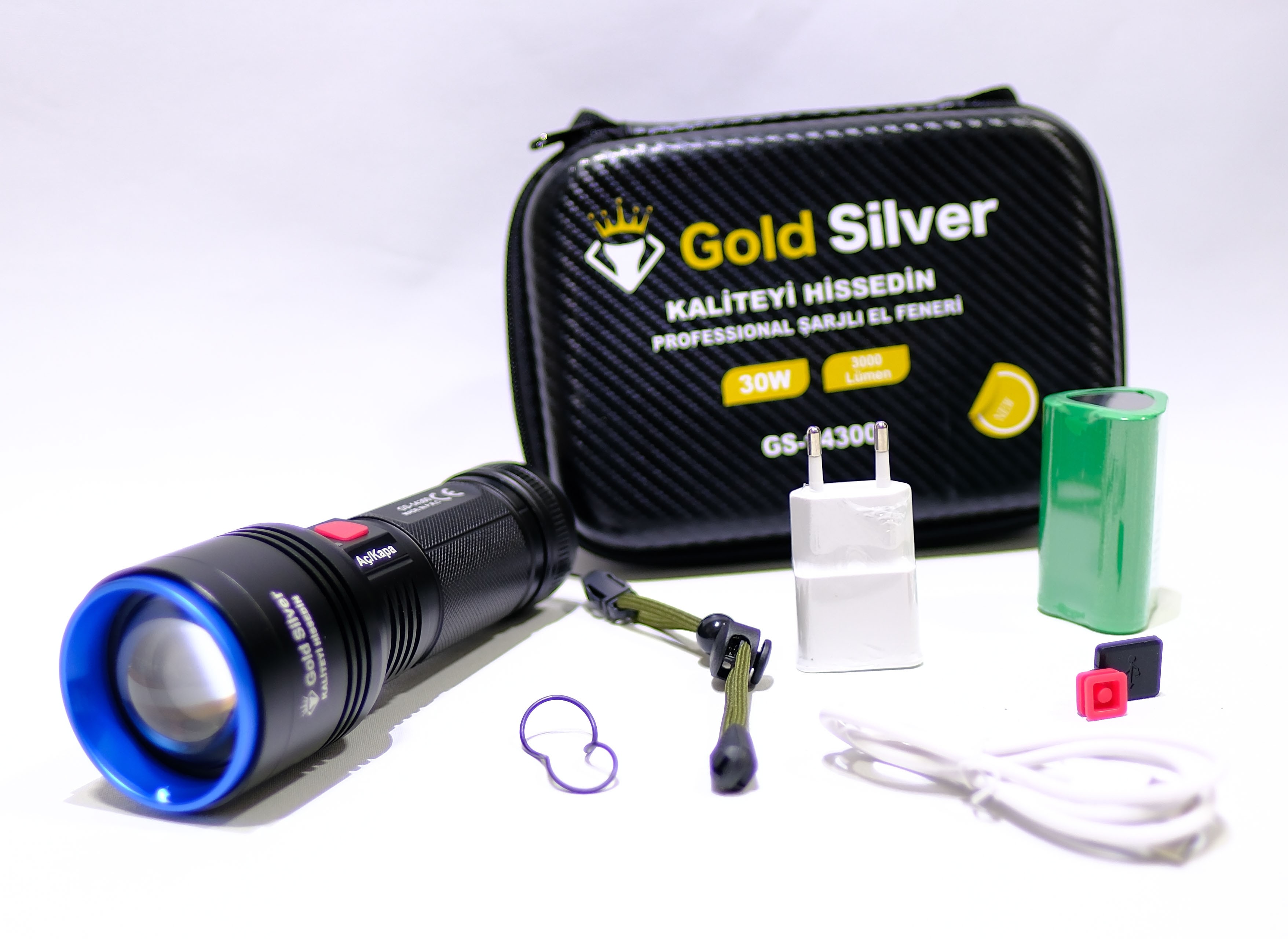 Gold Silver GS‑14300 30 W Şarjlı LED Avcı Feneri – 3000 Lümen, 8000 mAh