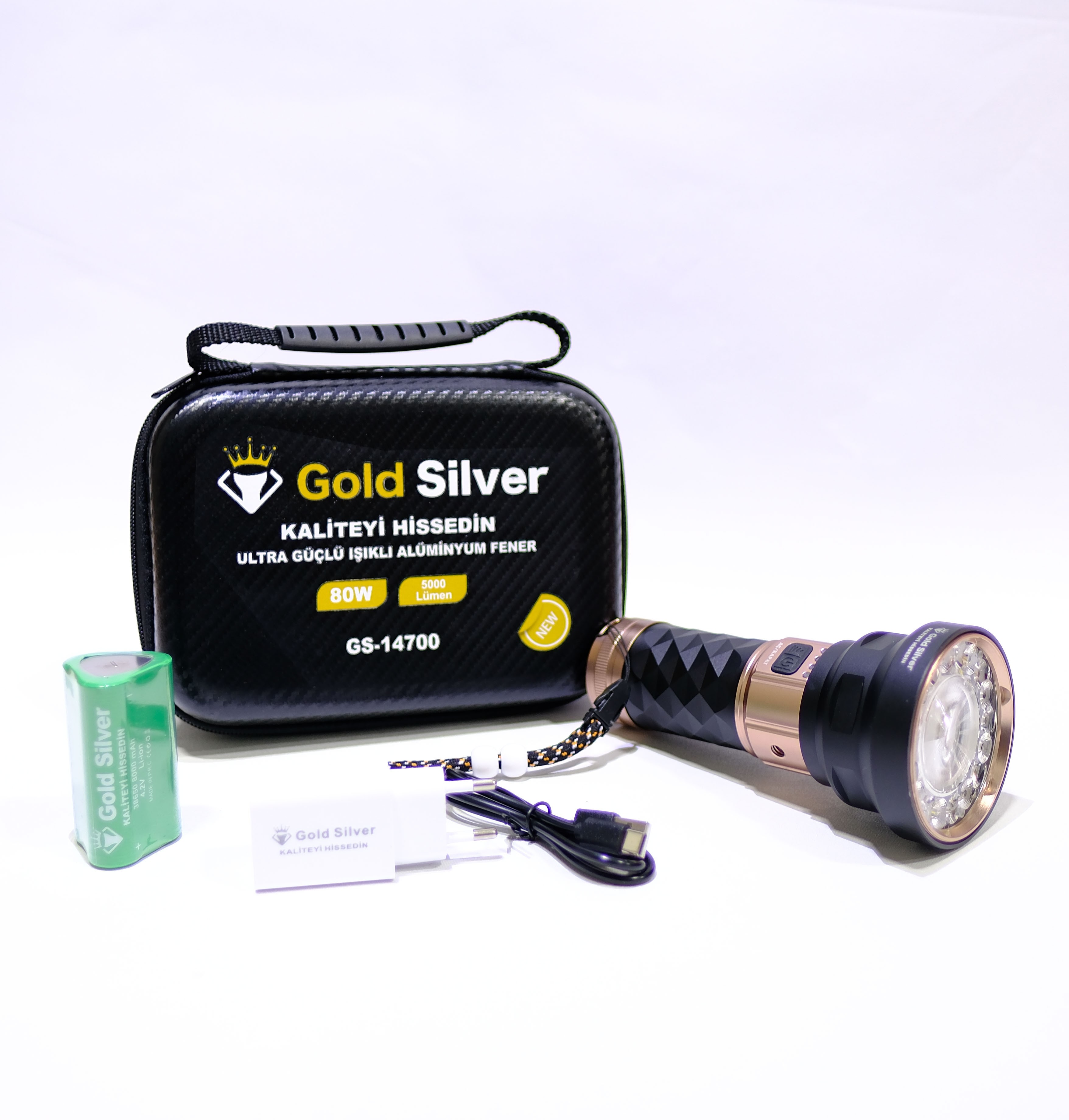 Gold Silver GS-14700 80 W Şarjlı Avcı Feneri – 5000 Lümen, Alüminyum Gövde