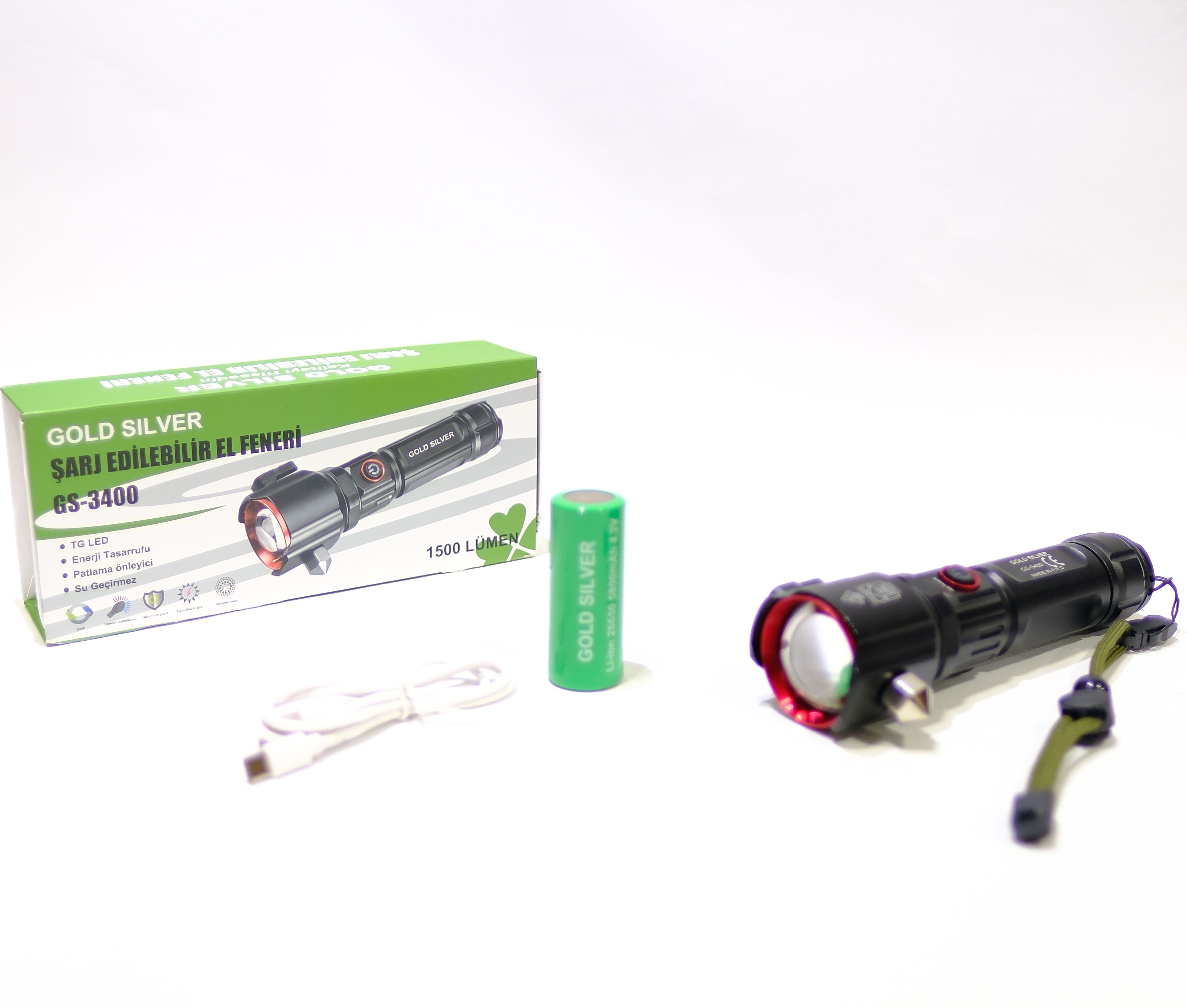 Gold Silver GS‑3400 TG‑LED USB Şarjlı 3000 Lümen El Feneri – Zoom Özellikli