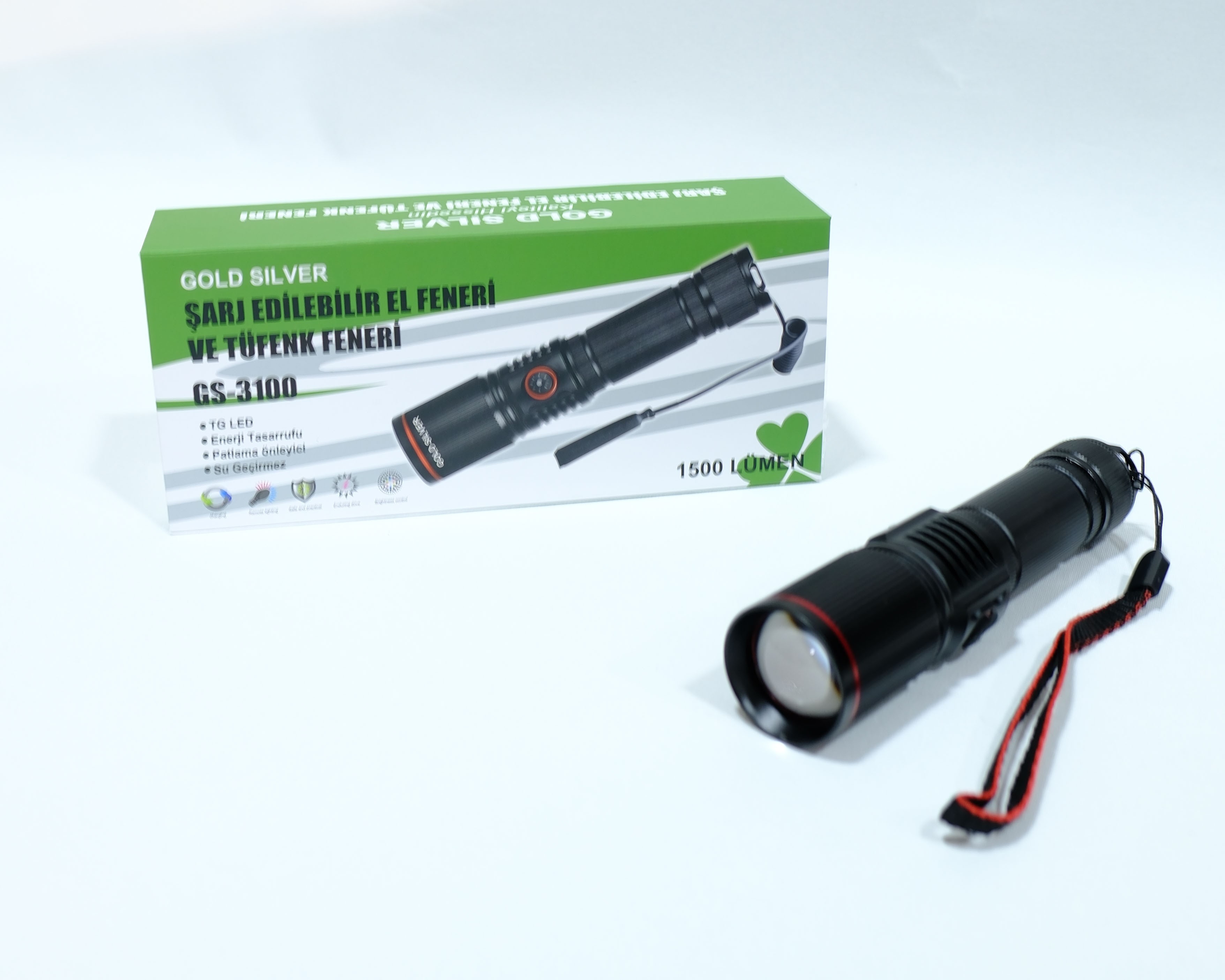 Gold Silver GS‑3100 Şarjlı El ve Tüfek Feneri – LED, Taşınabilir, Alüminyum Gövde