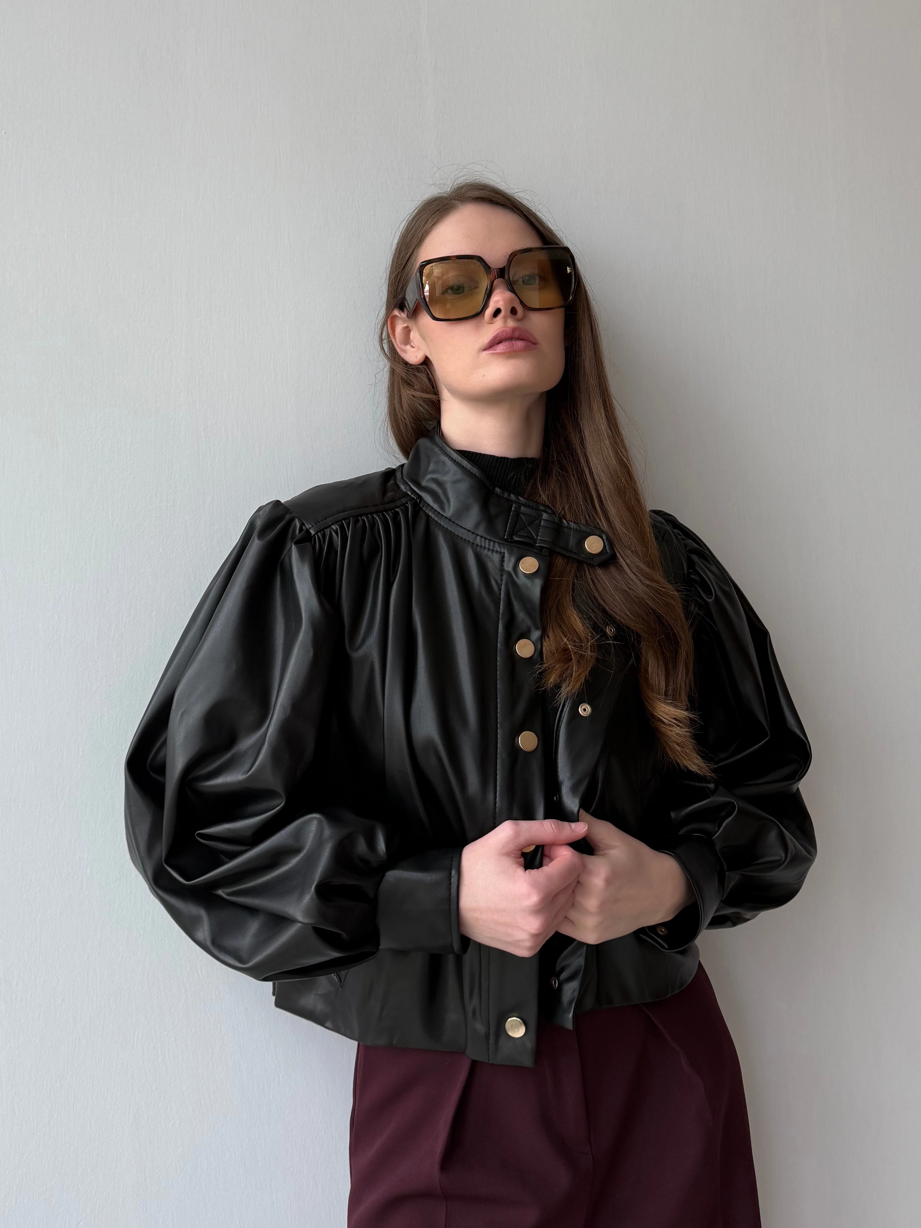 Desina Deri Ceket Crop - Siyah