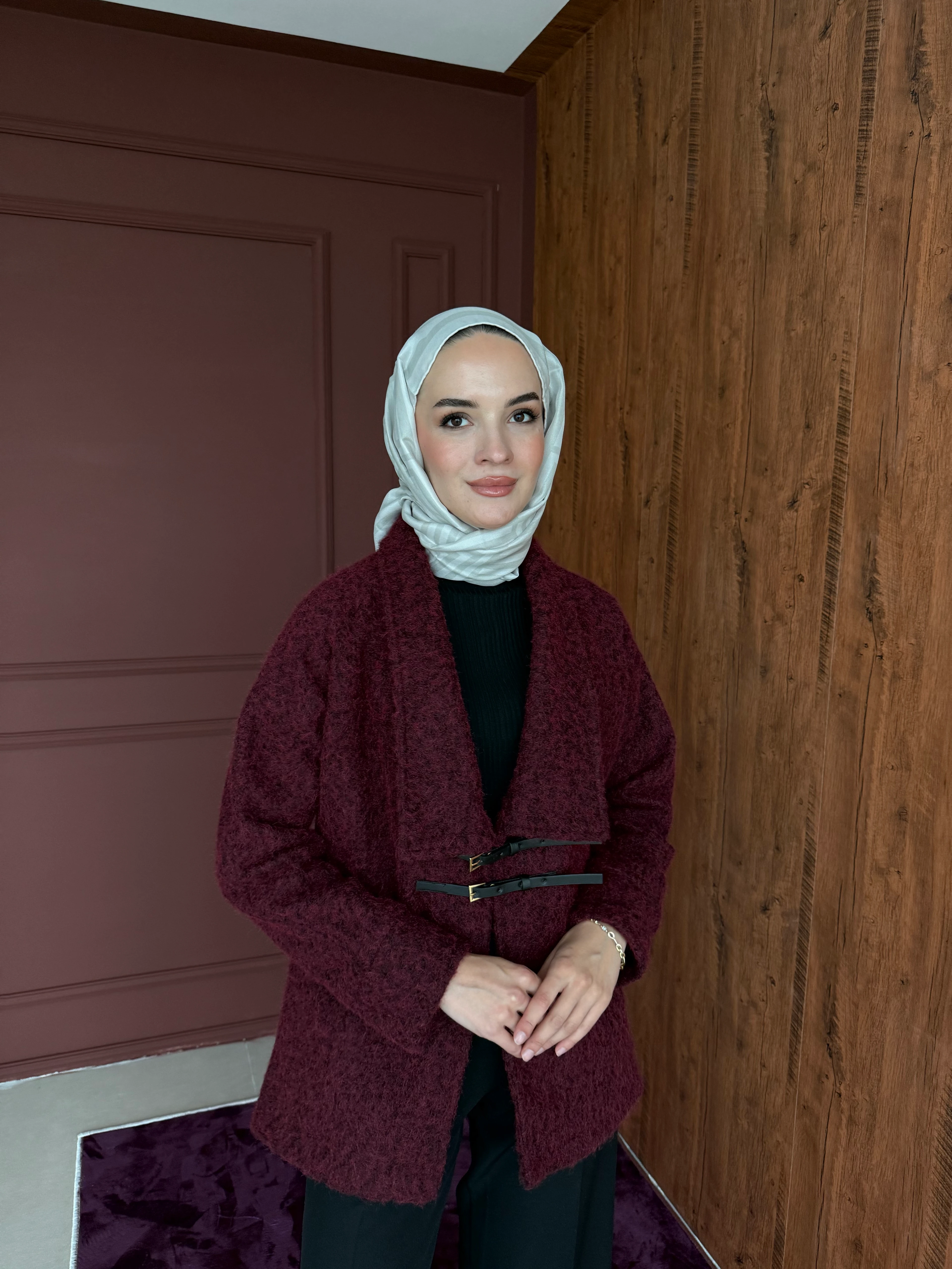 Hera Kemer Tokalı Kaşe Kaban - Bordo