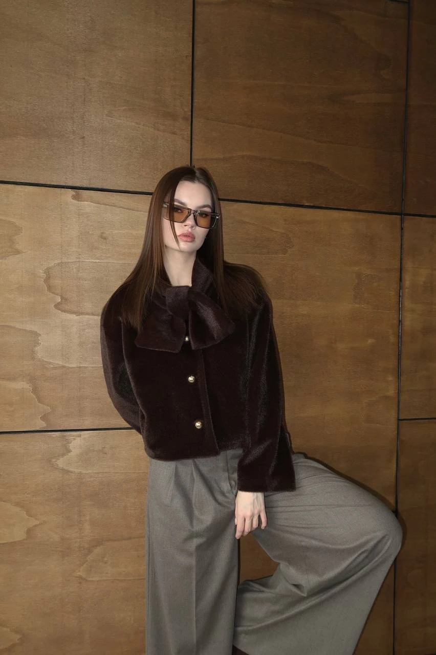 Fesina Tay Tüyü Kaban Crop - Acı Kahve