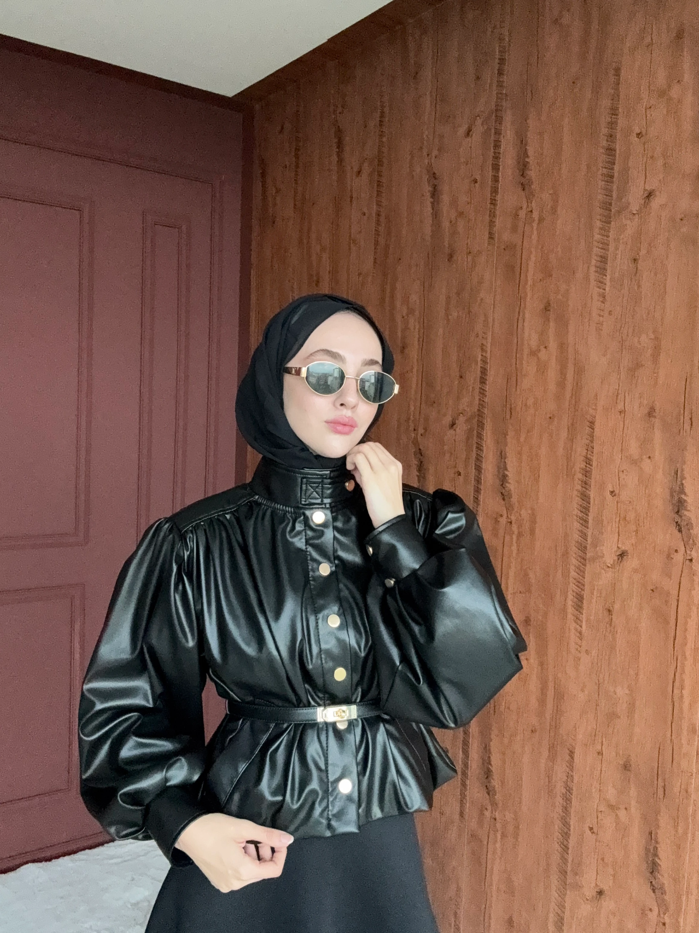 Desina Deri Ceket Crop - Siyah