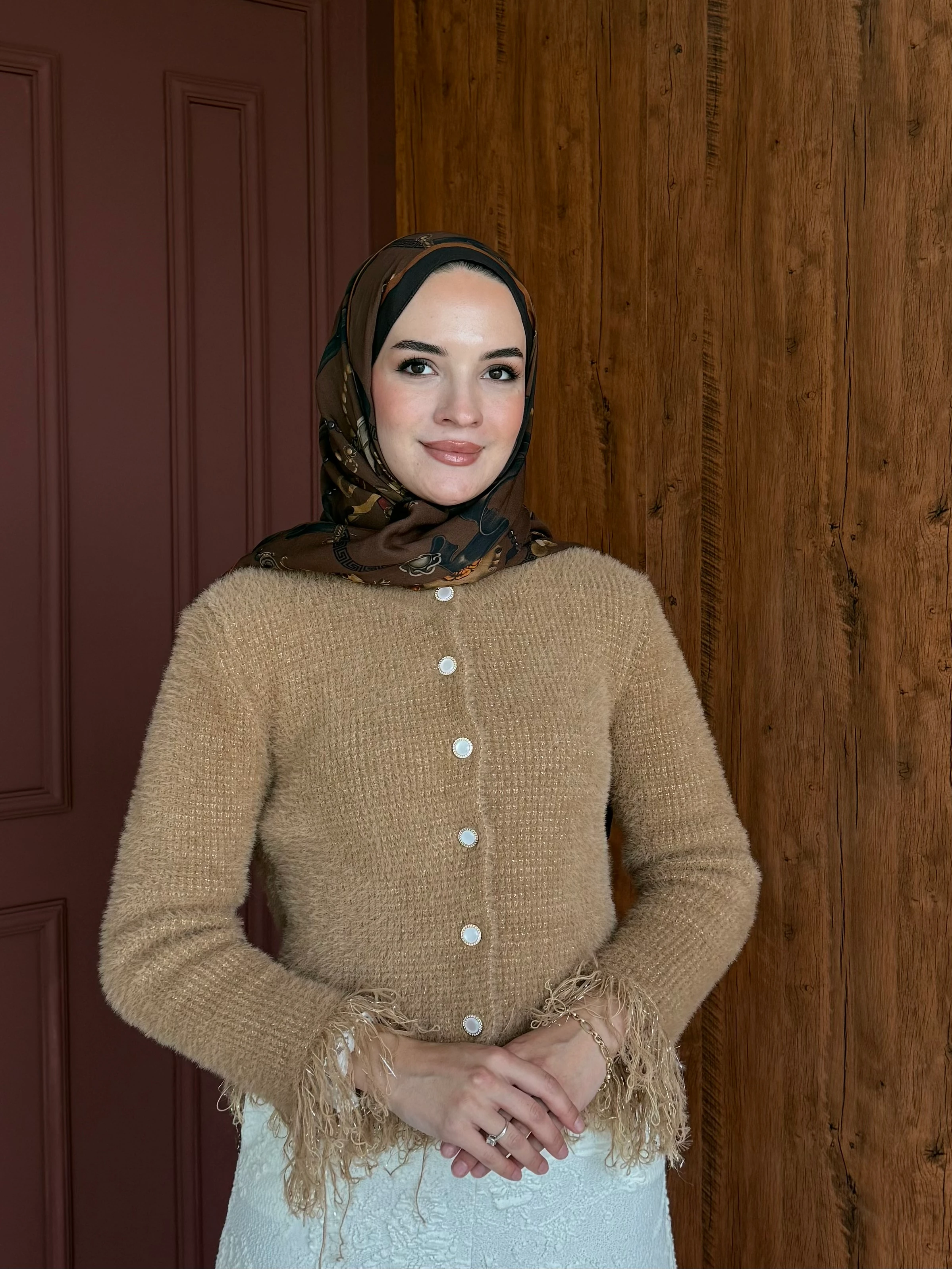 Püskül Detaylı Simli Triko Hırka - Taba