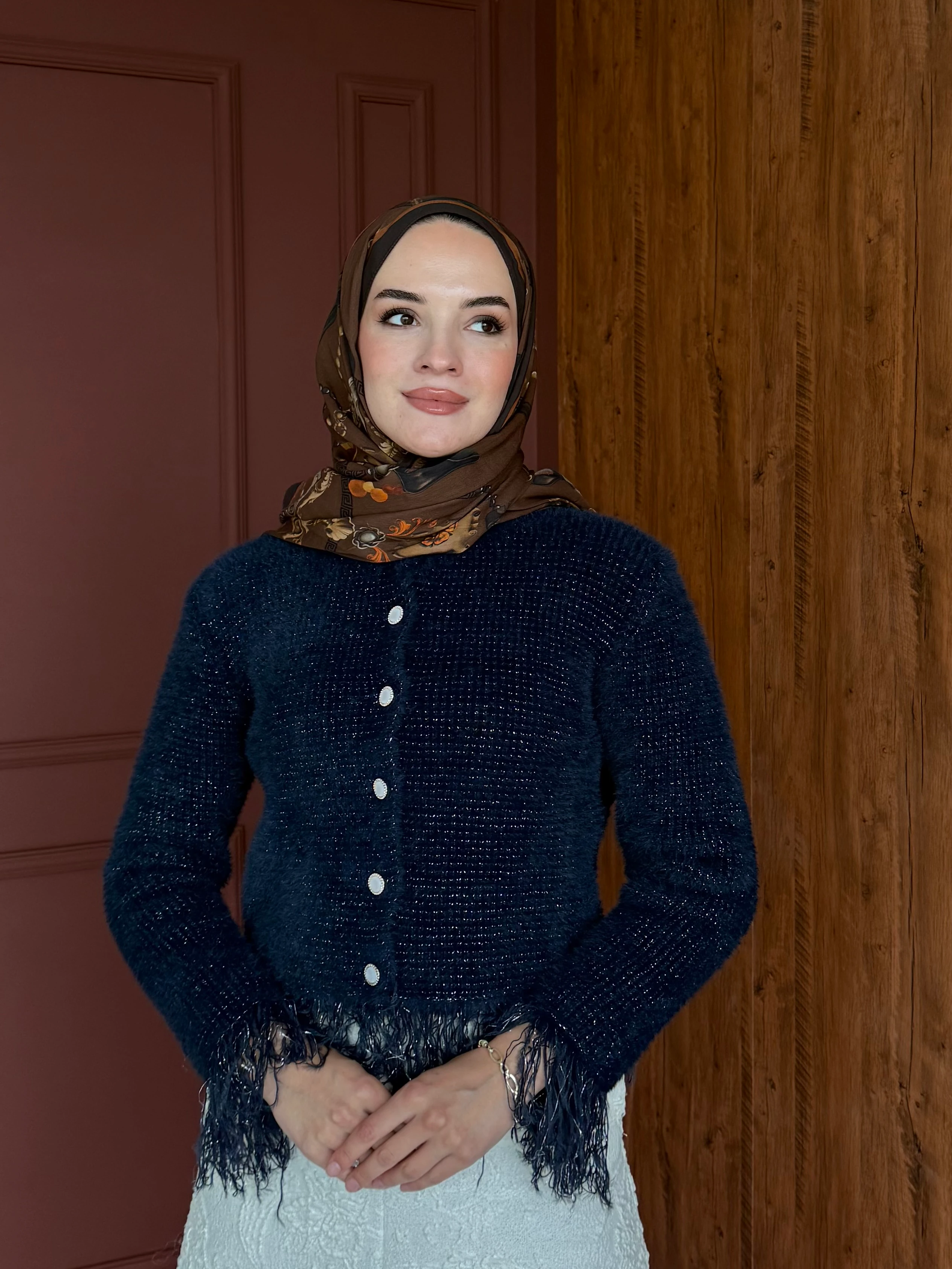 Püskül Detaylı Simli Triko Hırka - Lacivert