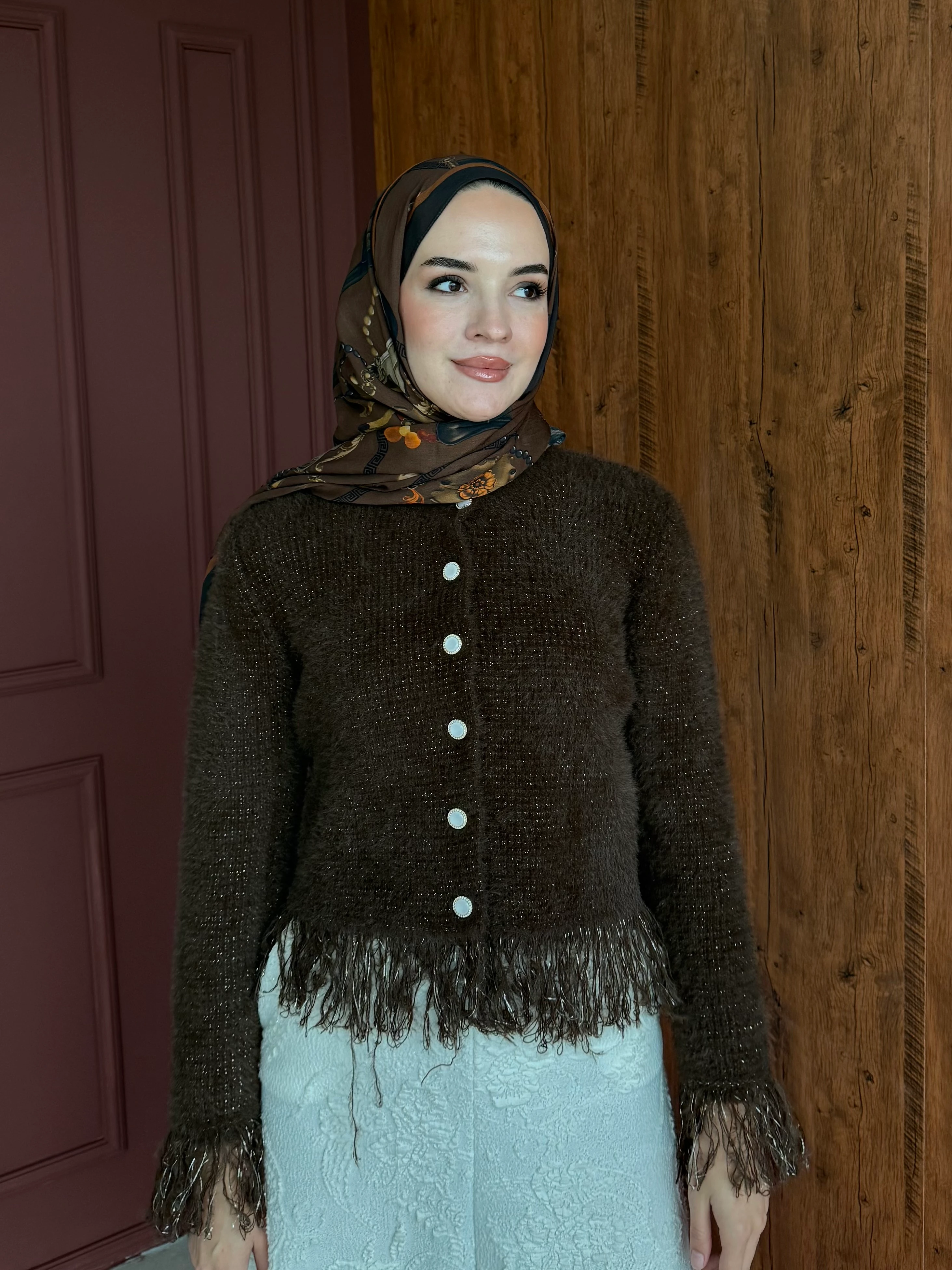 Püskül Detaylı Simli Triko Hırka - Kahverengi