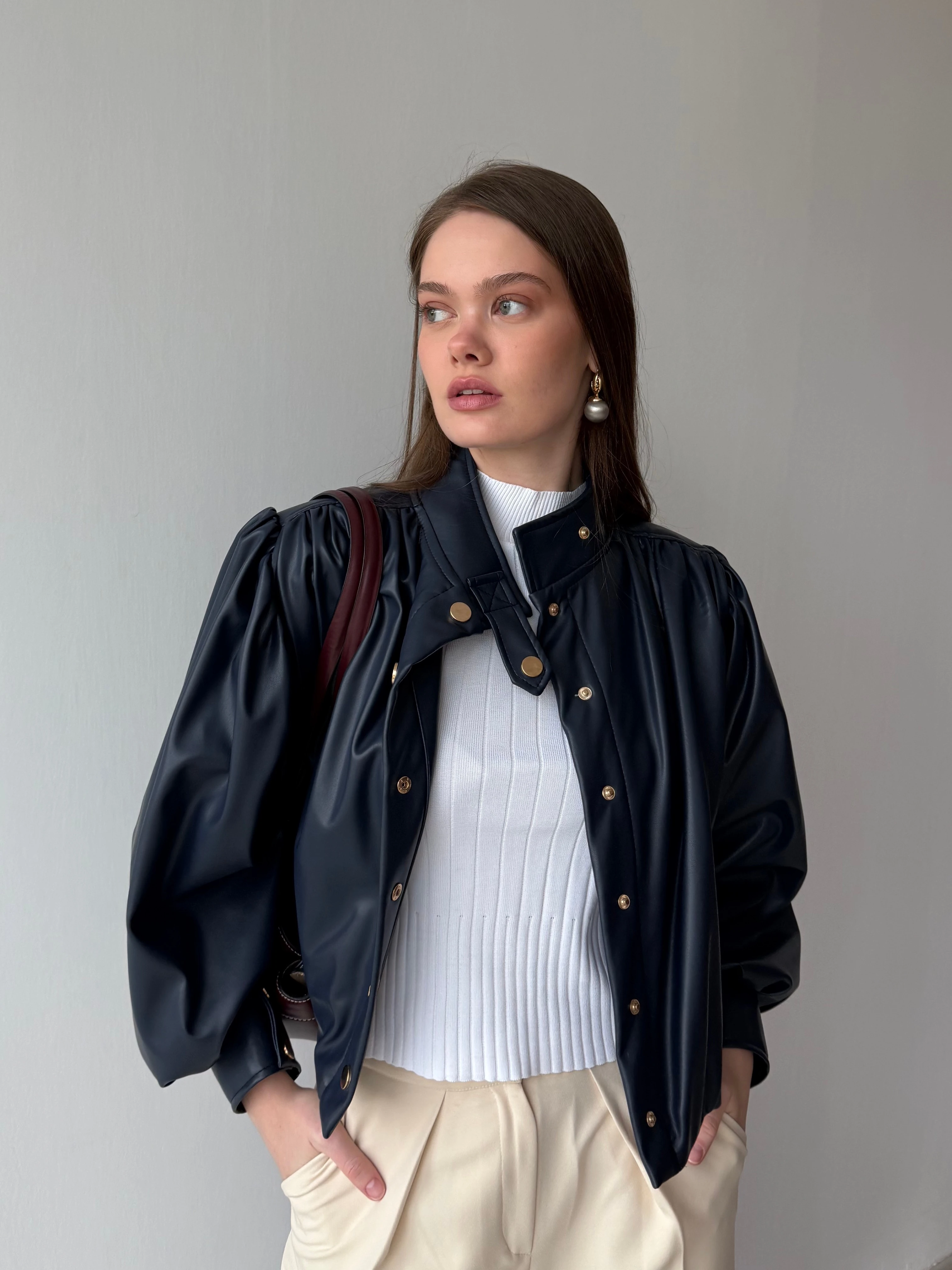 Desina Deri Ceket Crop - Lacivert