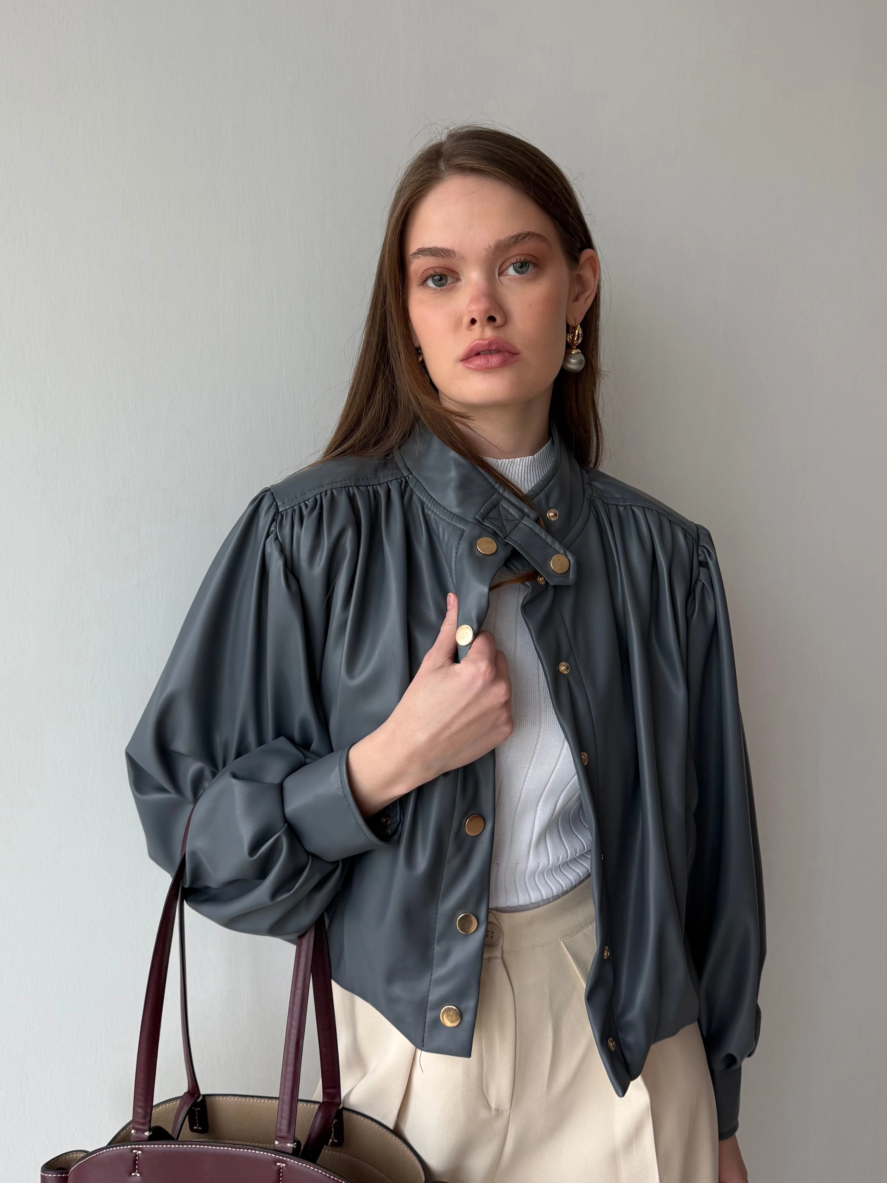 Desina Deri Ceket Crop - Mavi