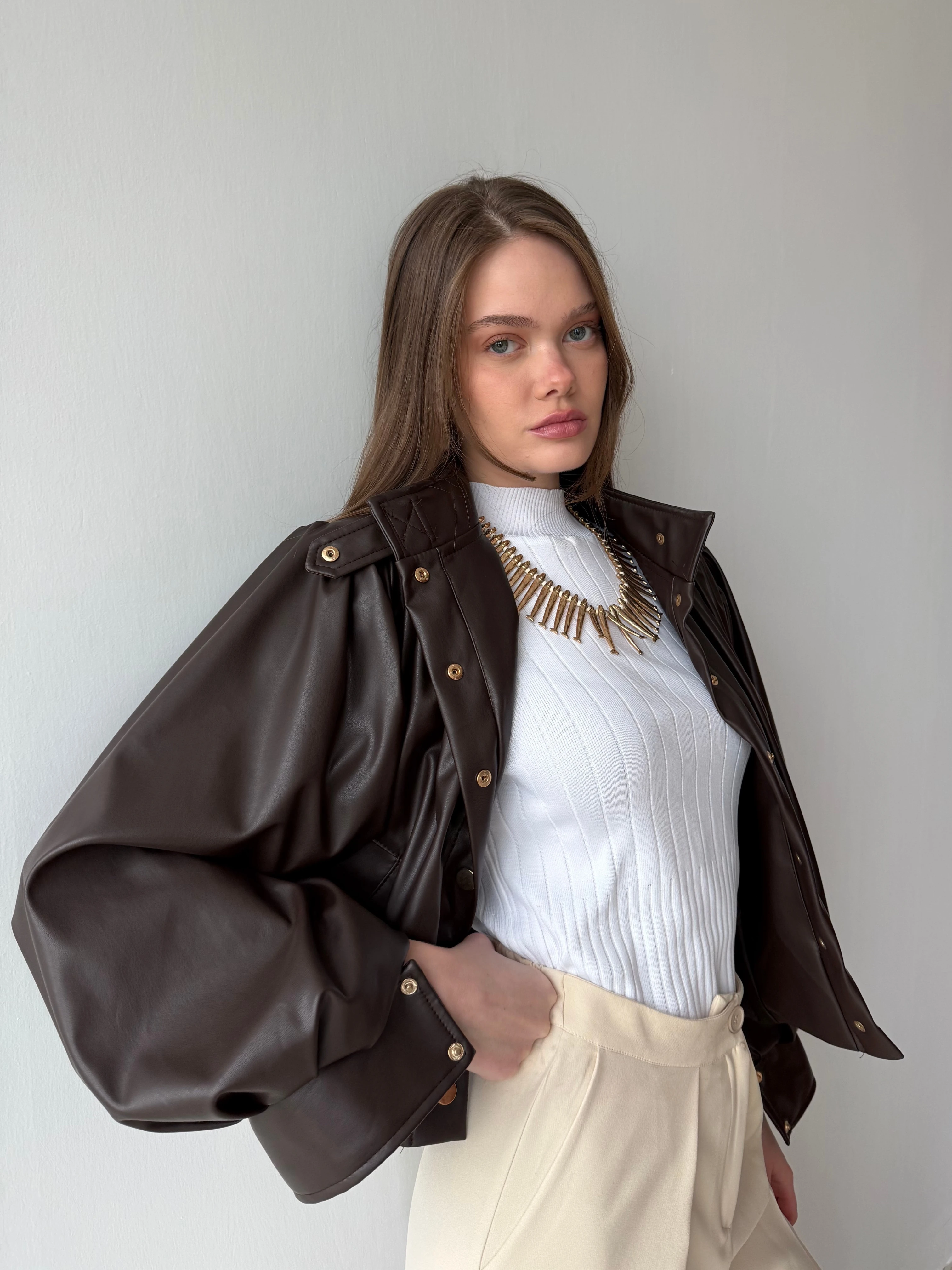 Desina Deri Ceket Crop - Kahverengi