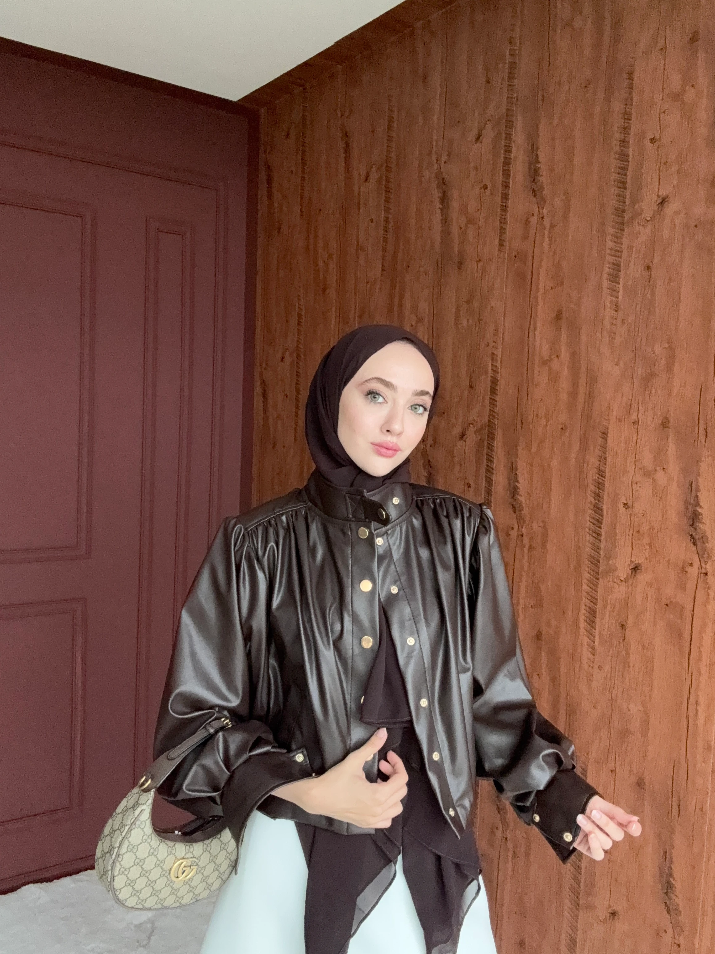 Desina Deri Ceket Crop - Kahverengi