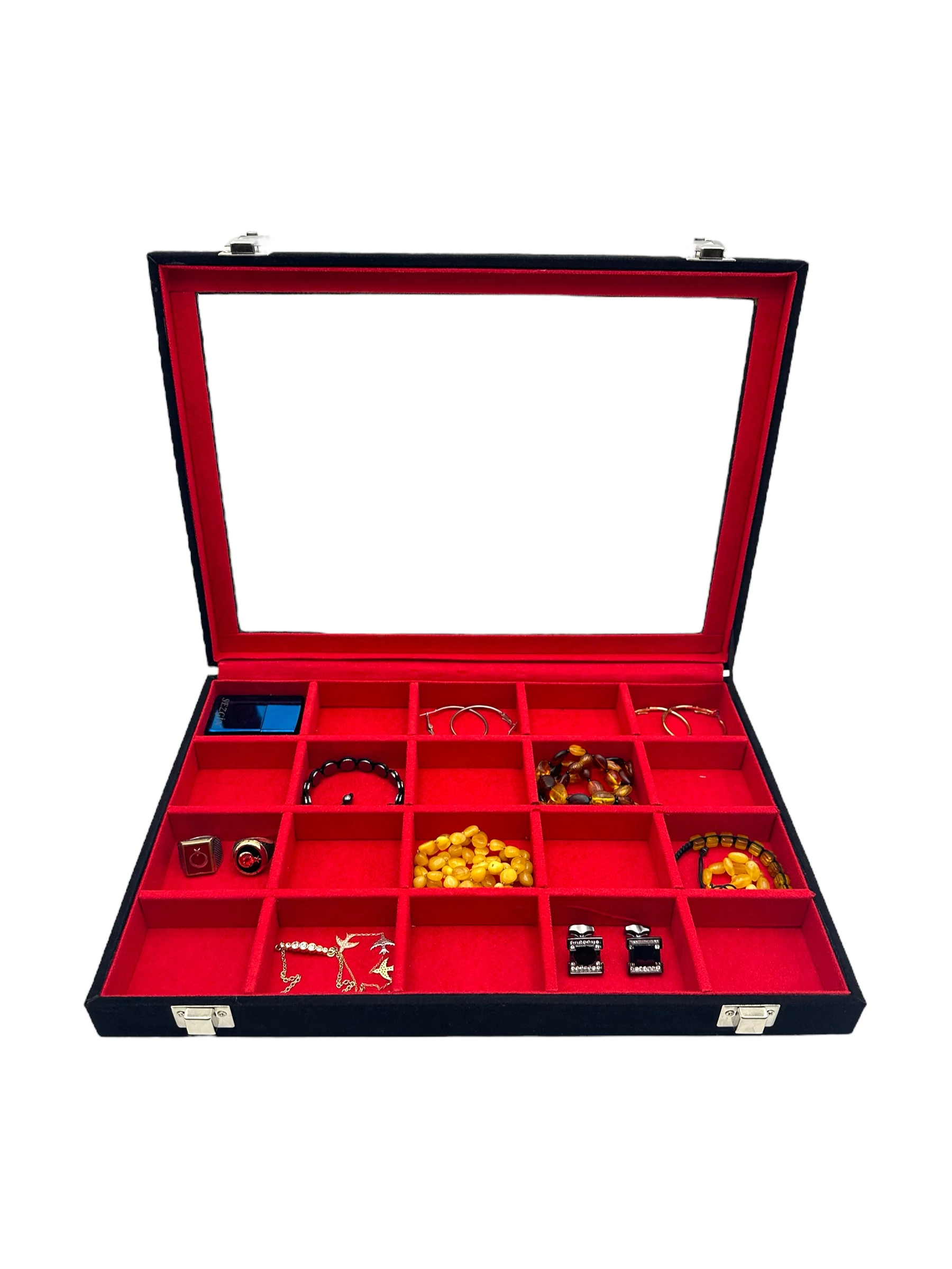 Camlı Bölmeli Takı Kutusu Süet