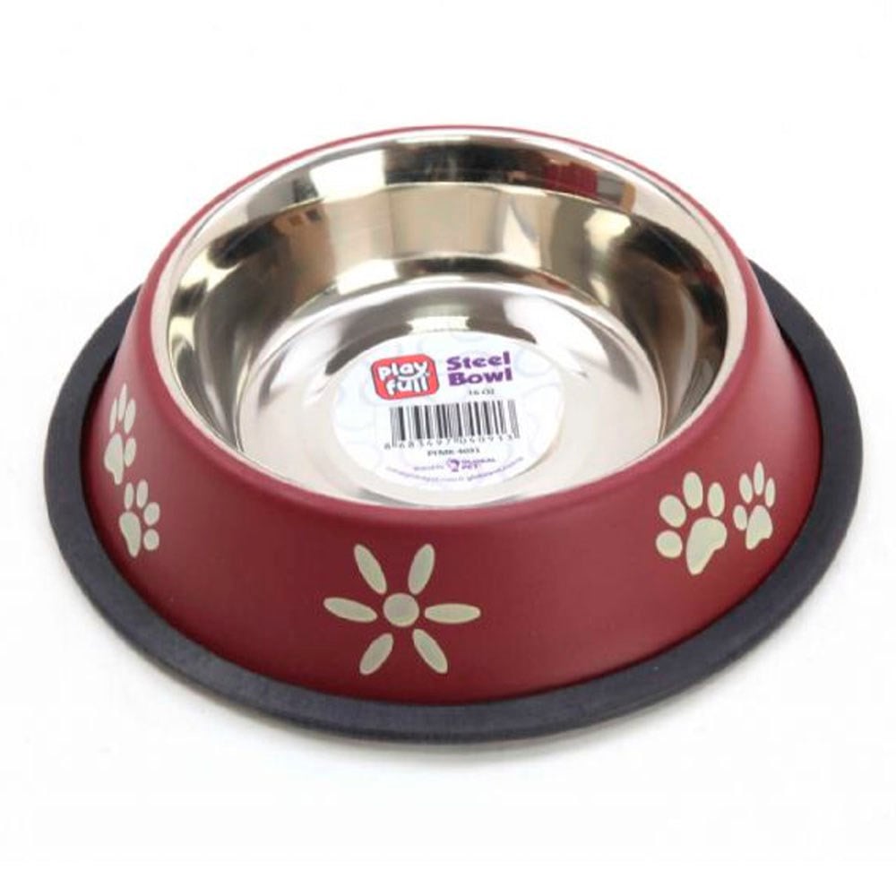 Playfull Pati ve Çiçek Desenli Çelik Mama ve Su Kabı 16 Oz PFMK-4091