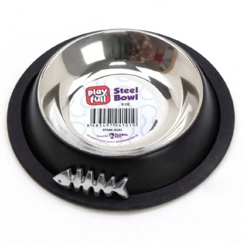 Playfull Balık Desenli Siyah Çelik Mama ve Su Kabı 8 Oz PFMK-4101