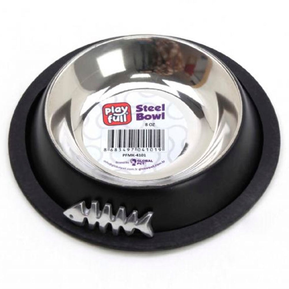 Playfull Balık Desenli Siyah Çelik Mama ve Su Kabı 8 Oz PFMK-4101